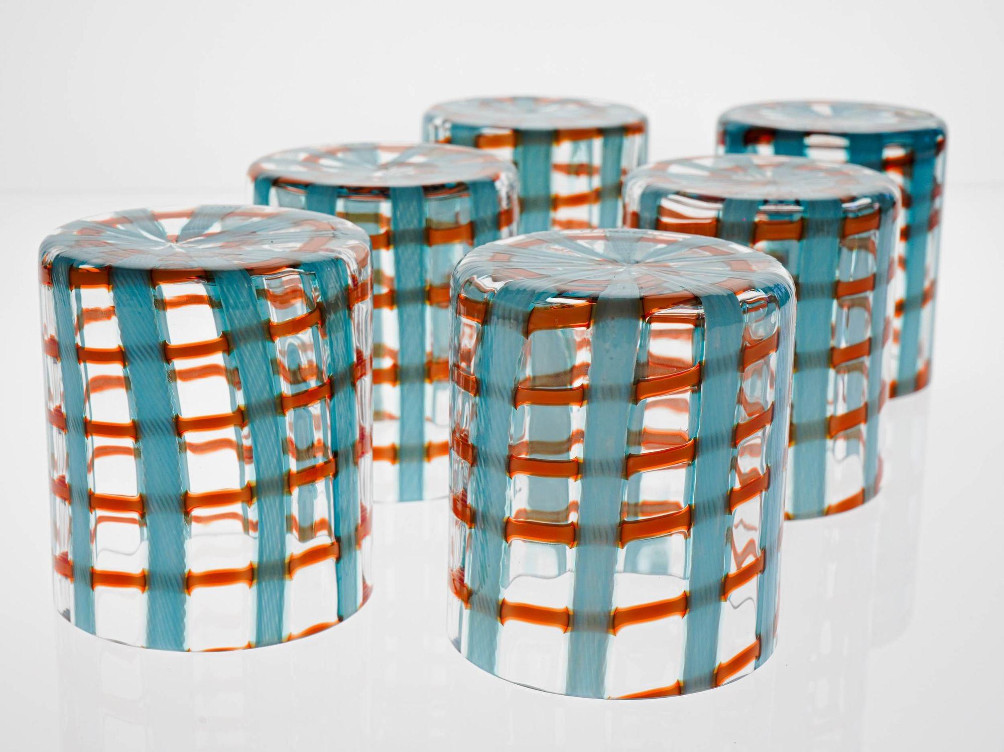 Art Glass Exclusive Set, 6 Murano Tumblers, Blue Zanfirico crossing Orange Bead, Cenedese For Sale