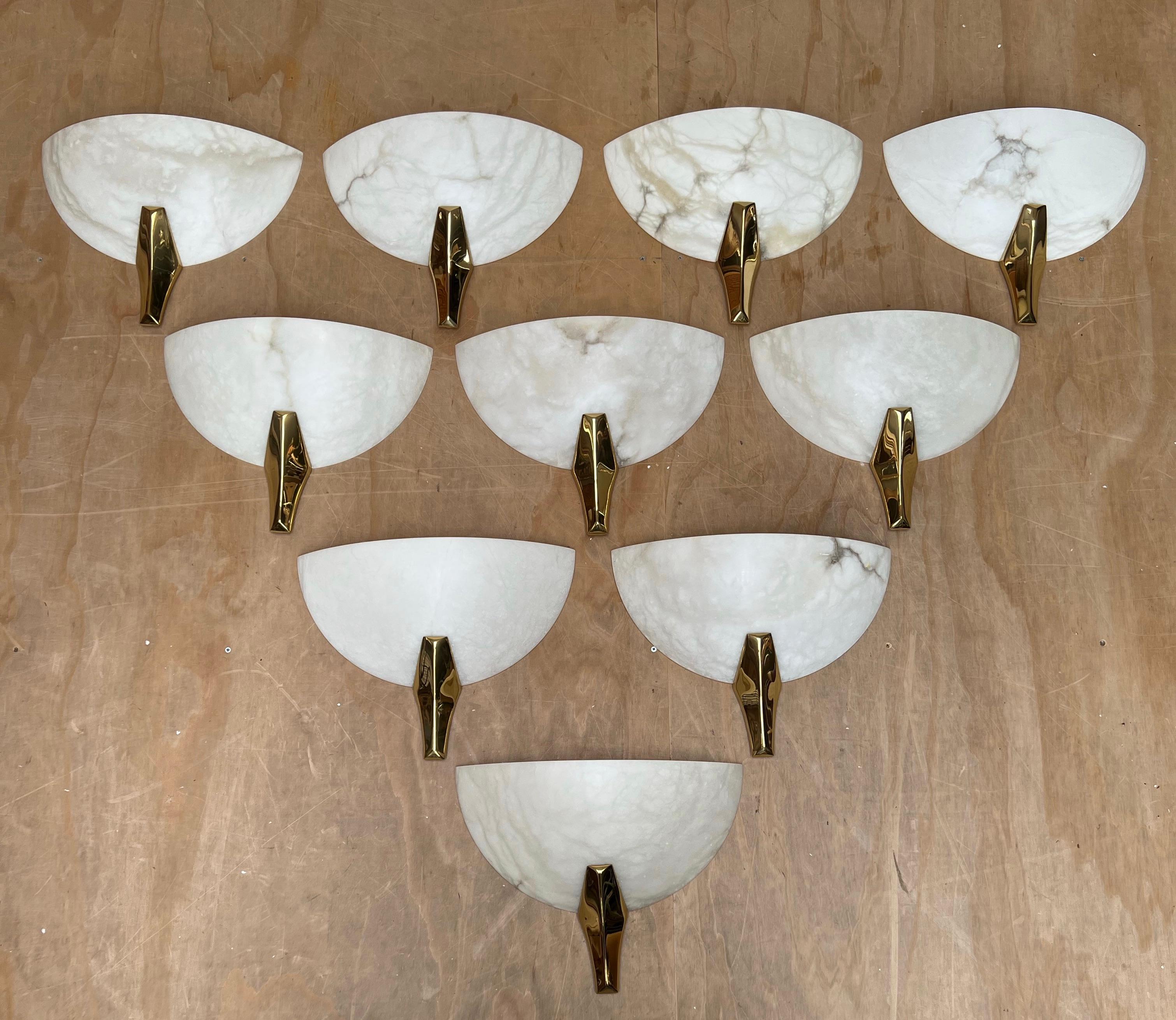 Exclusive Set of 10 Mid-Century Era, Art Deco Style Mint Alabaster Wall Sconces  For Sale 5