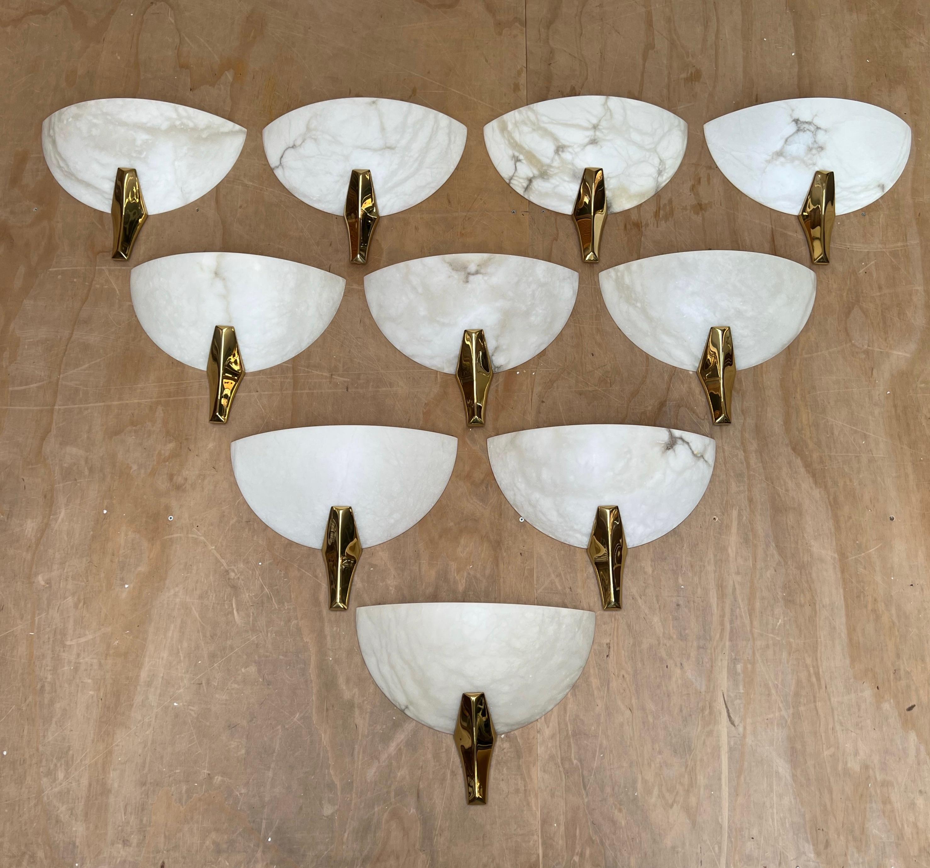 Exclusive Set of 10 Mid-Century Era, Art Deco Style Mint Alabaster Wall Sconces  For Sale 9