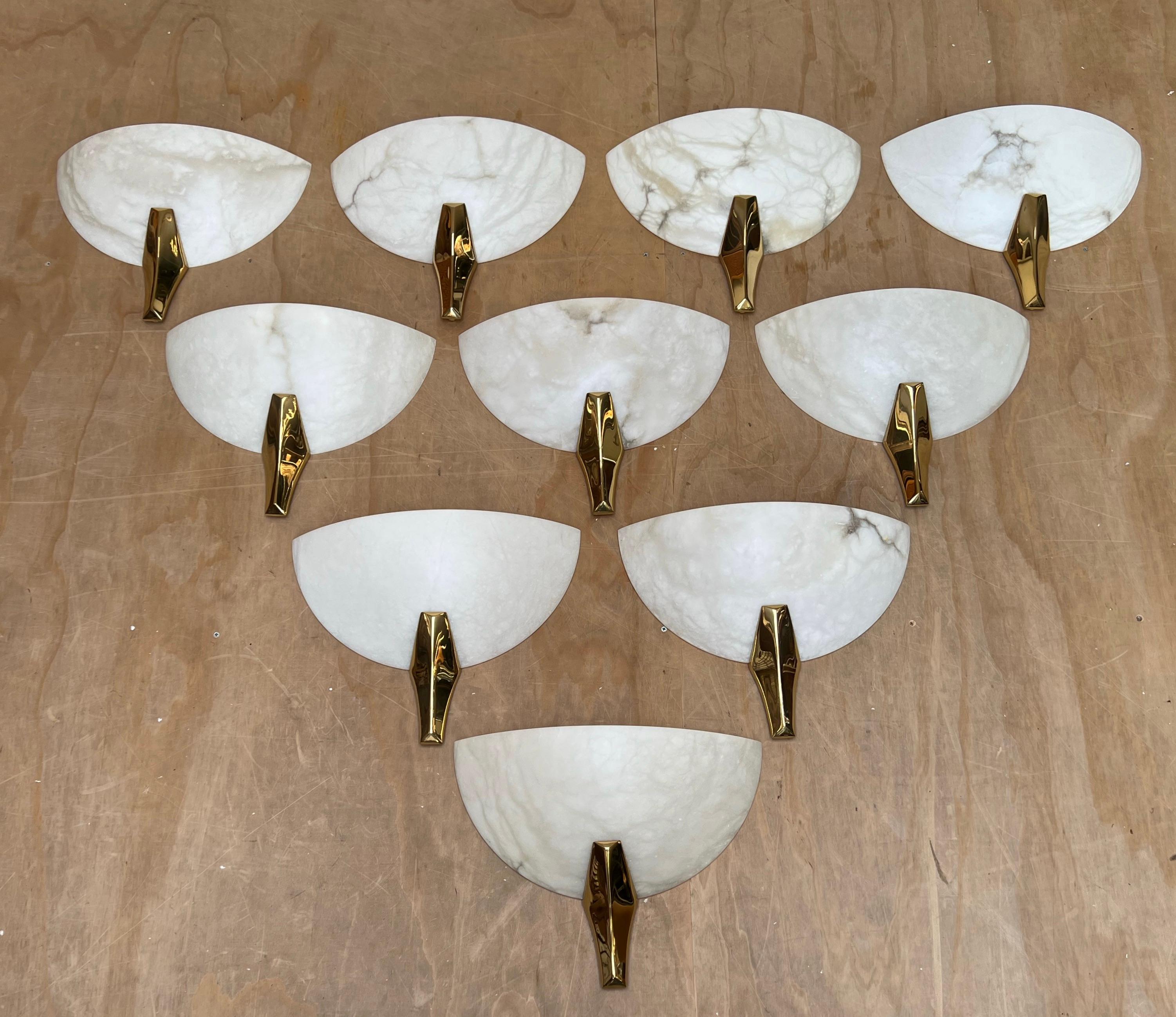 Exclusive Set of 10 Mid-Century Era, Art Deco Style Mint Alabaster Wall Sconces  For Sale 13