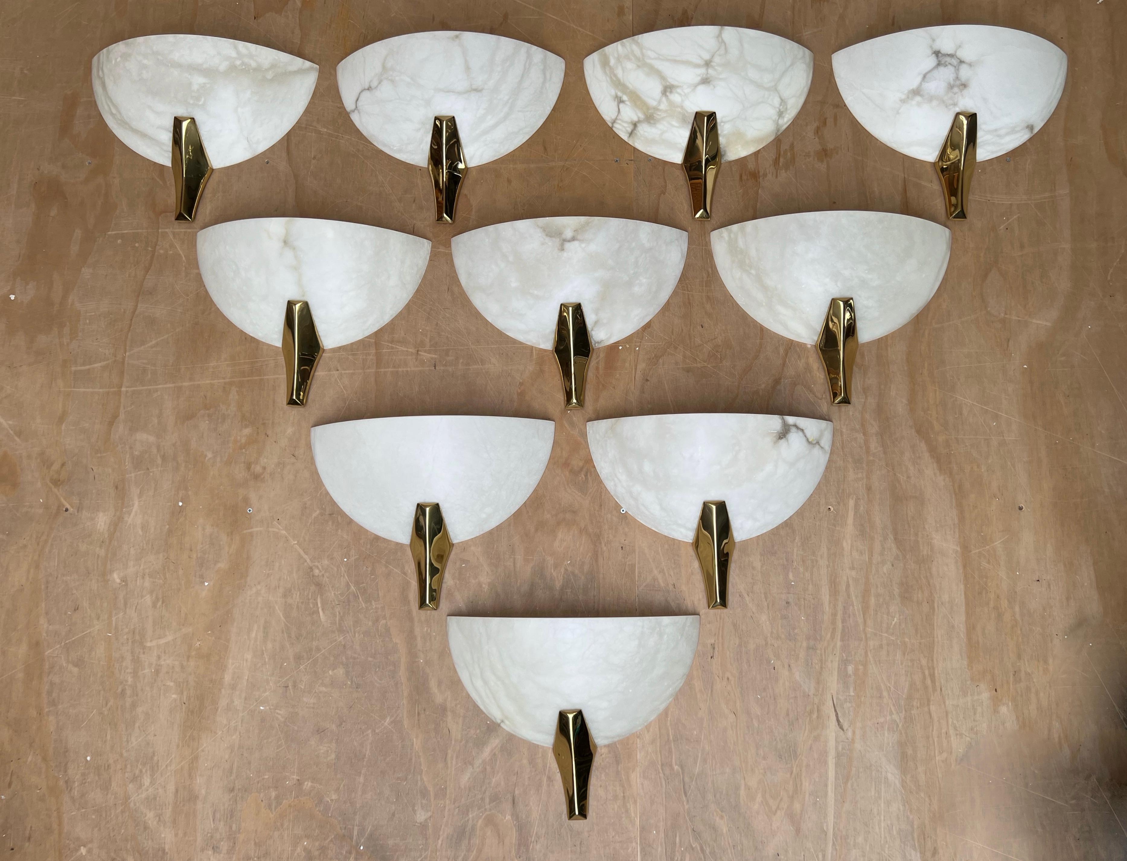 Exclusive Set of 10 Mid-Century Era, Art Deco Style Mint Alabaster Wall Sconces  For Sale 2
