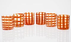 Exclusive Set of 6 Murano Tumblers, Burnt Orange Zanfirico over White, Cenedese