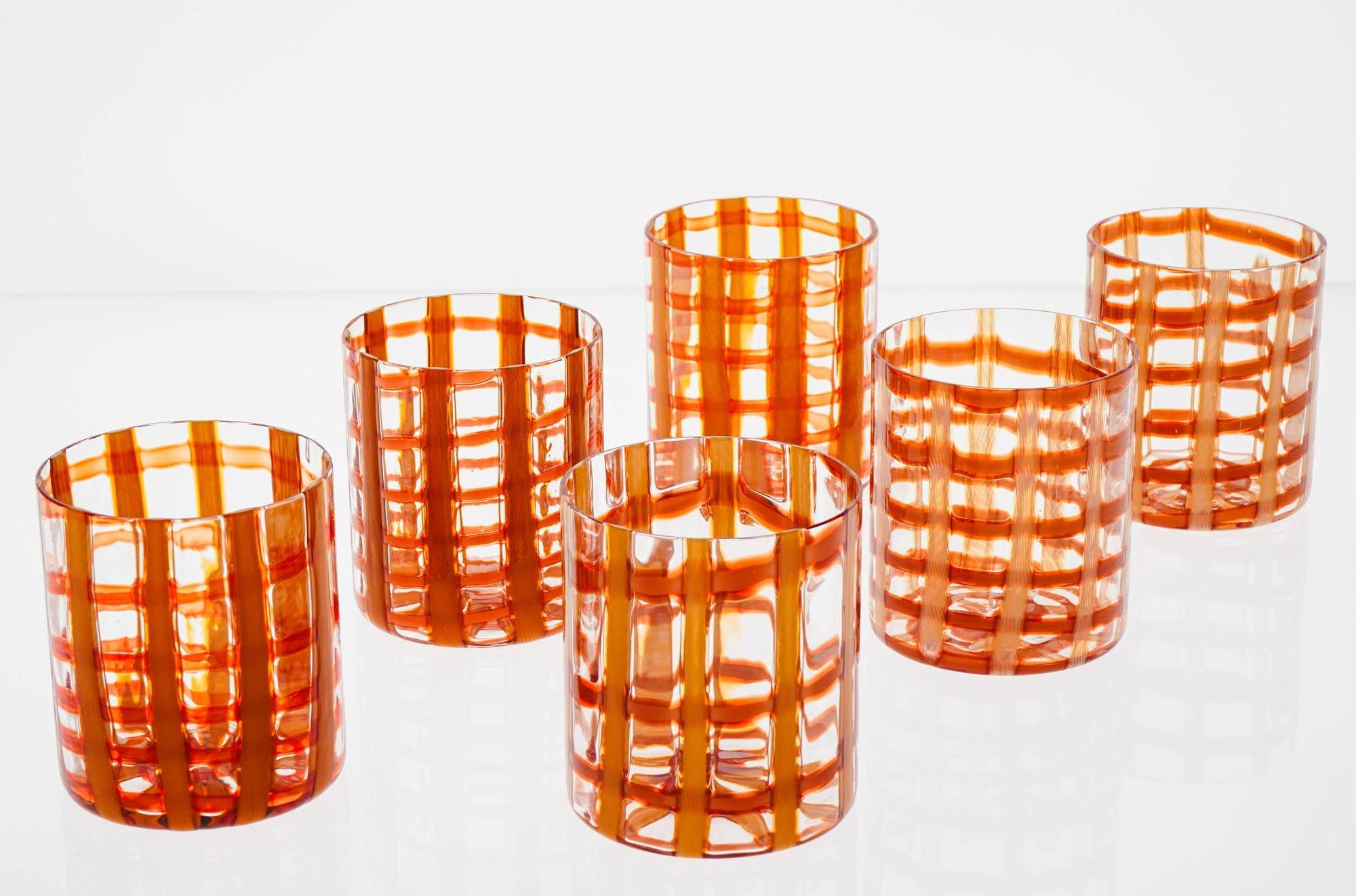 Mid-Century moderno Esclusivo set di 6 bicchieri di Murano, Zanfirico arancione bruciato su bianco, Cenedese in vendita