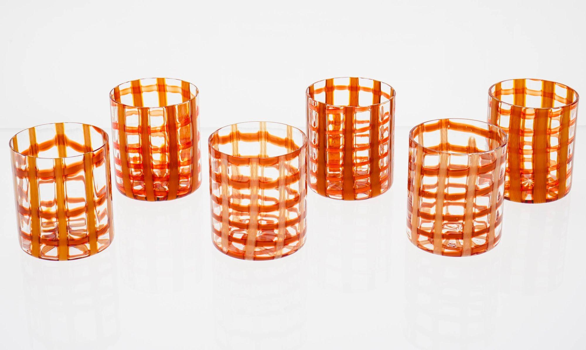 Vetro artistico Esclusivo set di 6 bicchieri di Murano, Zanfirico arancione bruciato su bianco, Cenedese in vendita