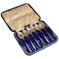 Exclusive Silver Tea COFFEE SPOONS, 6 pcs. Sterling Silver & Box, Antique Spoons