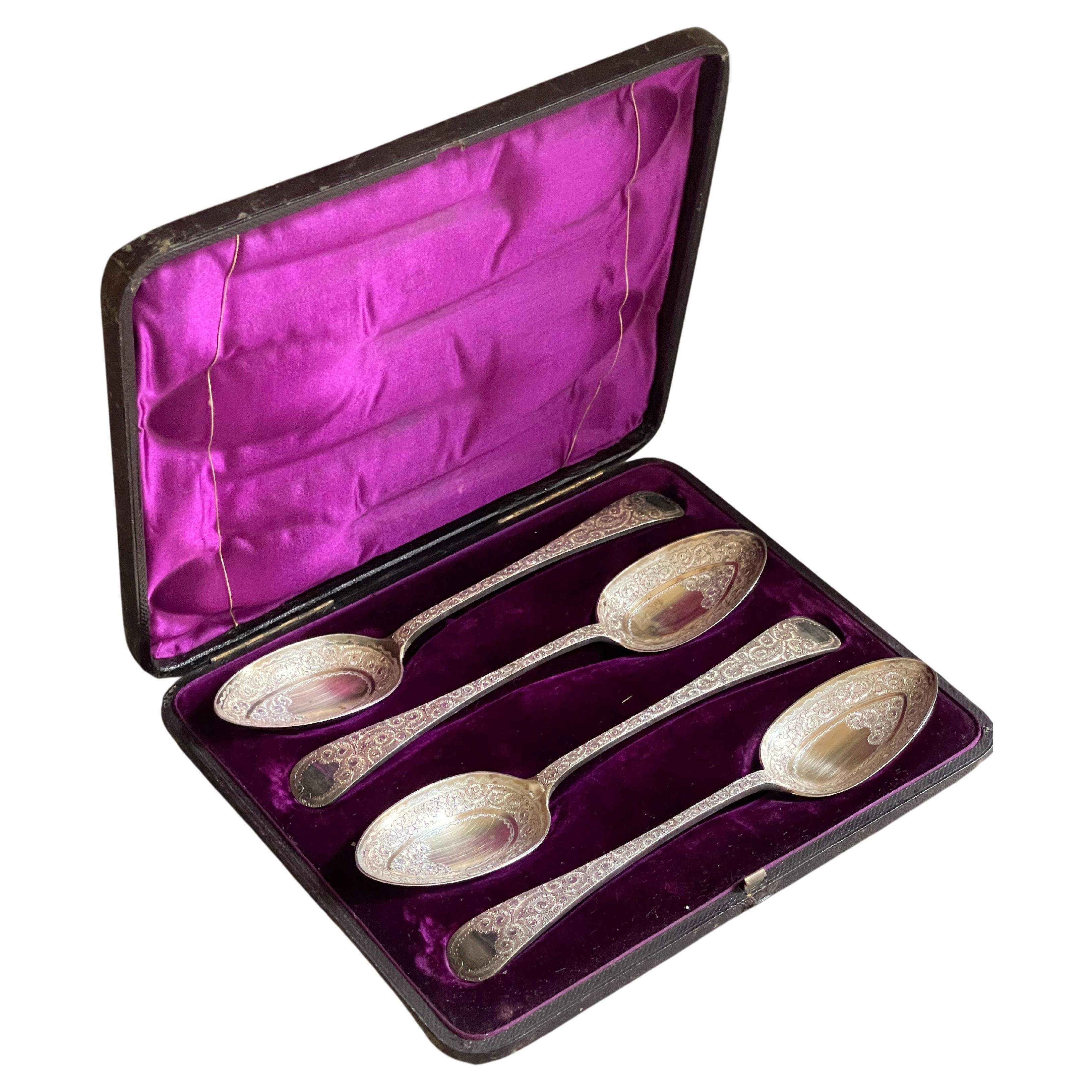 Exclusive Silver SPOONS, 4 pcs. Antique Silver Dinner Spoon & Box Flat Ware For Sale