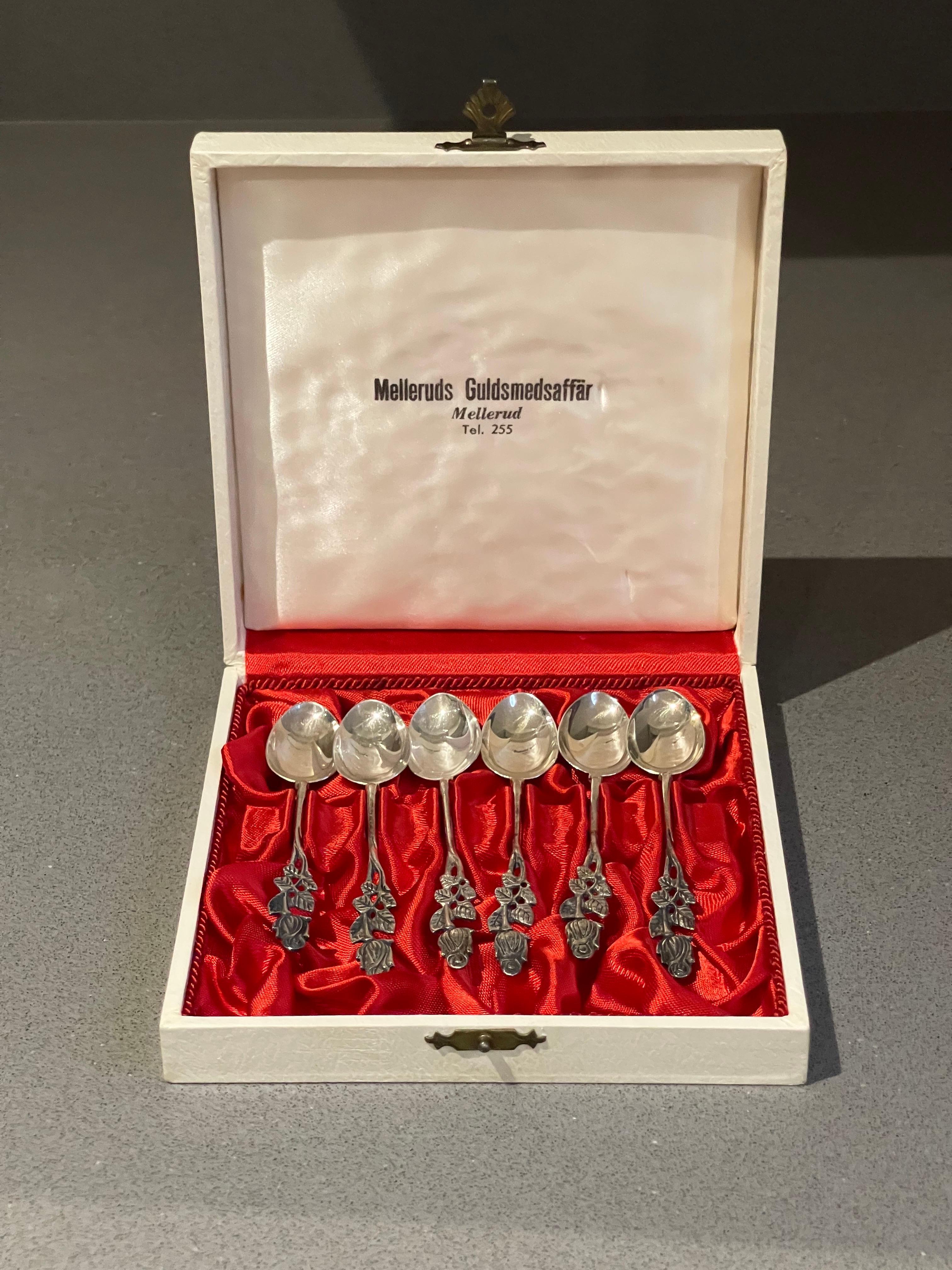 Cucharillas de café exclusivas para té, 12 uds. Un par de Melleruds de plata de ley y cajas en venta 1