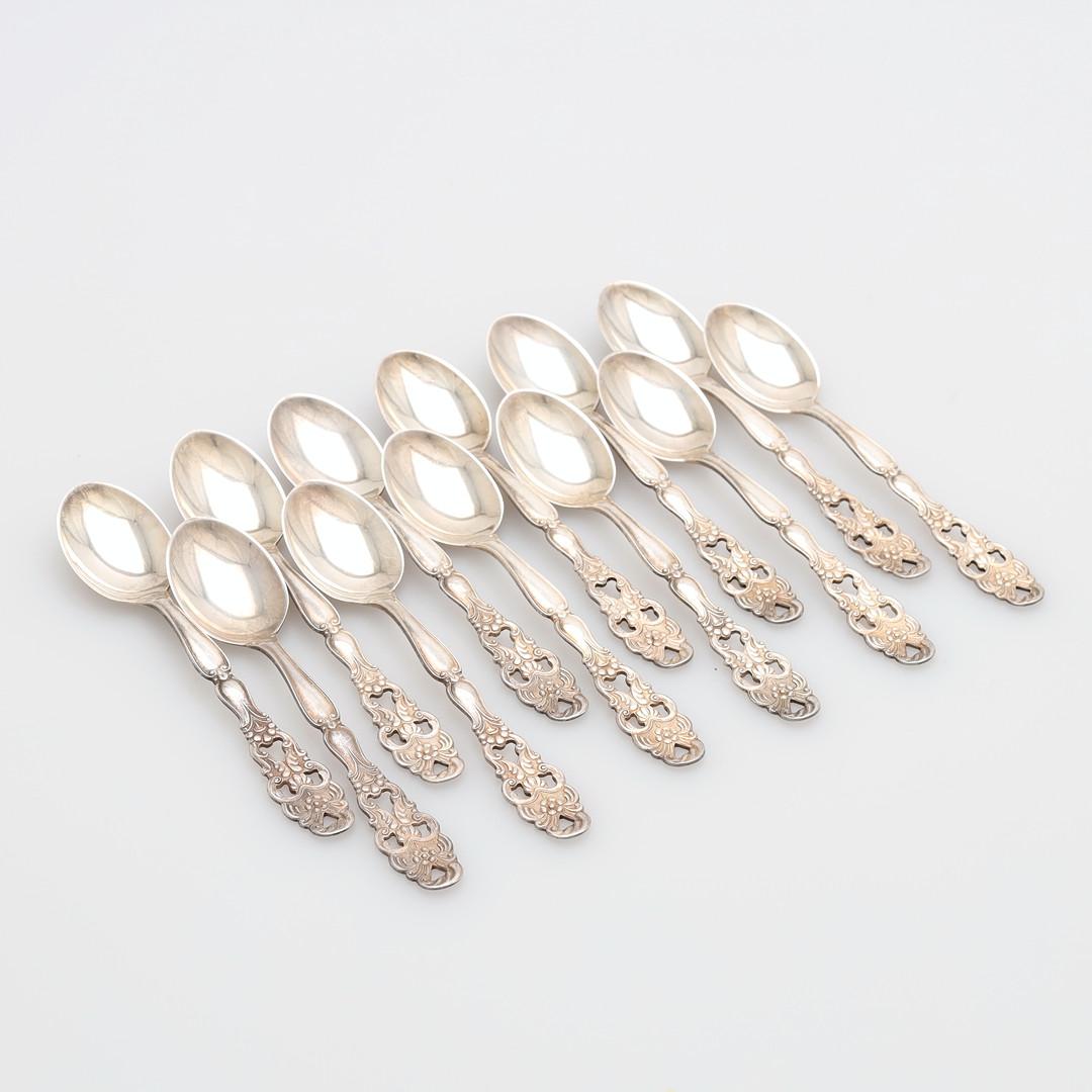 Pressed Exclusive Tea COFFEE SPOONS, 12 pcs. Sterling Silver & Box, Mignon For Sale