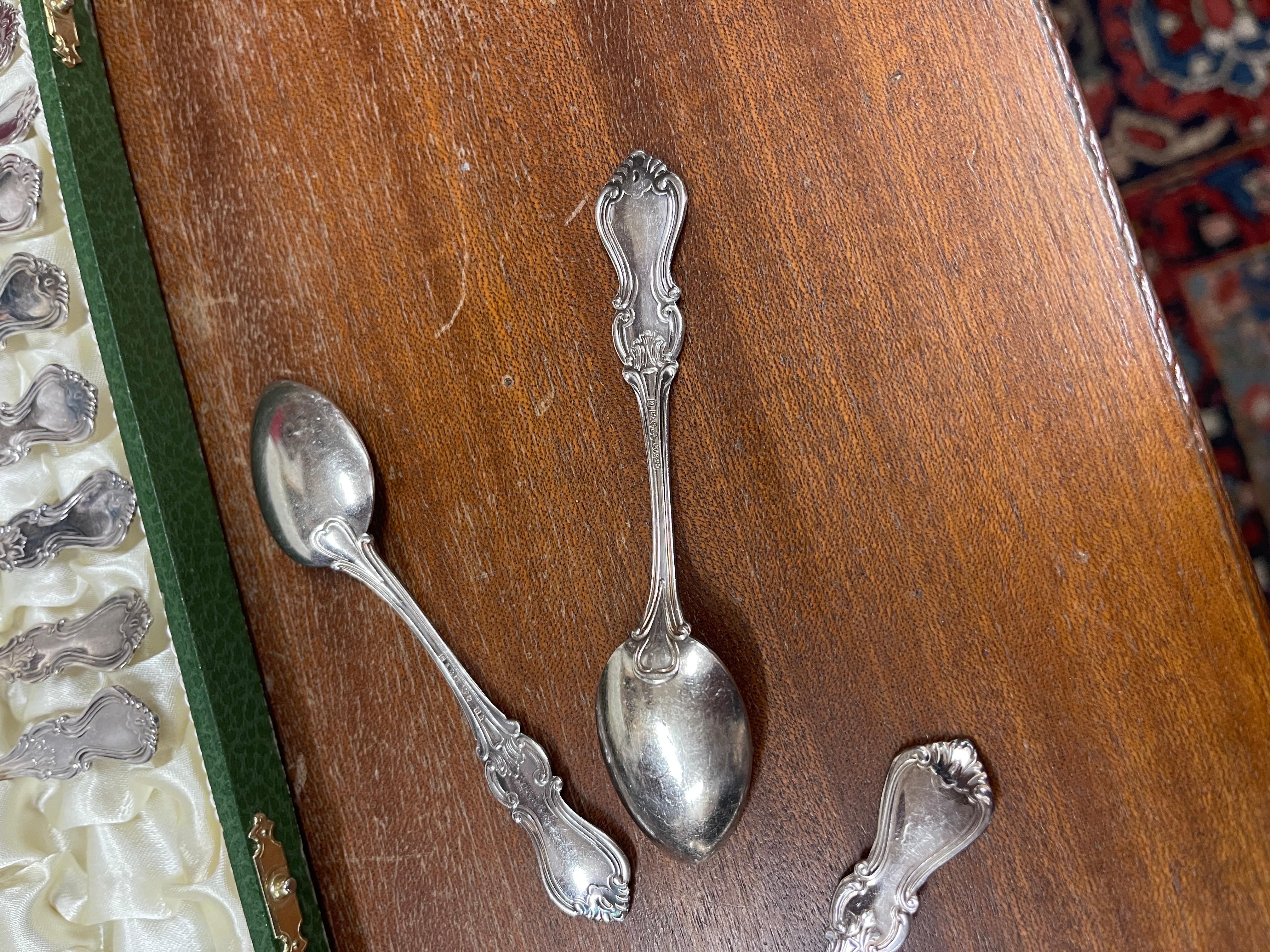 Gold Plate Exclusive Tea COFFEE SPOONS, 12 pcs. Sterling Silver & Box, Model Olga For Sale