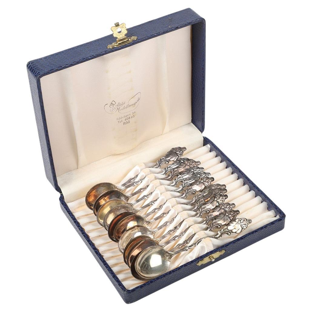 Cucharillas de café exclusivas para té, 12 uds. Plata de ley y caja, Model Olga