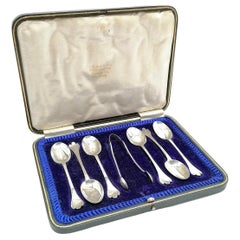 Antique Exclusive Tea COFFEE SPOONS, 7 pcs. Sterling Silver & Box TEASPOONS & TONGS.