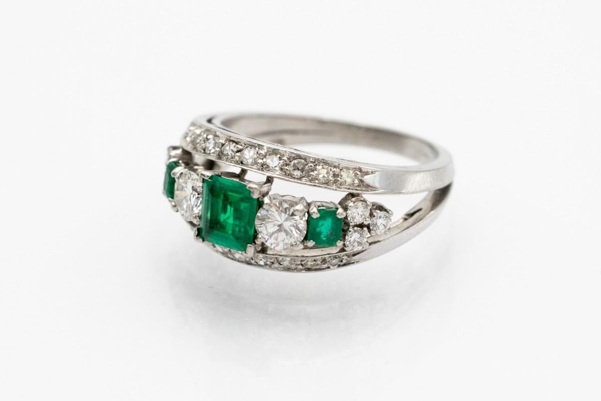 Brilliant Cut Exclusive Platinum Band Ring with Emeralds and 1.00ct Diamonds For Sale