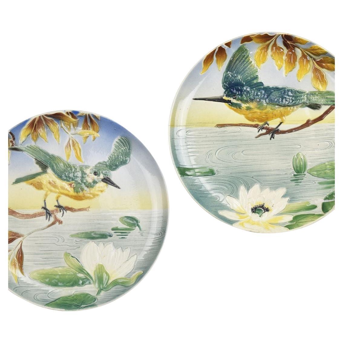 Excuisite Pair of Antique Majolica Wall Plates Kingfisher Bird Pattern For Sale