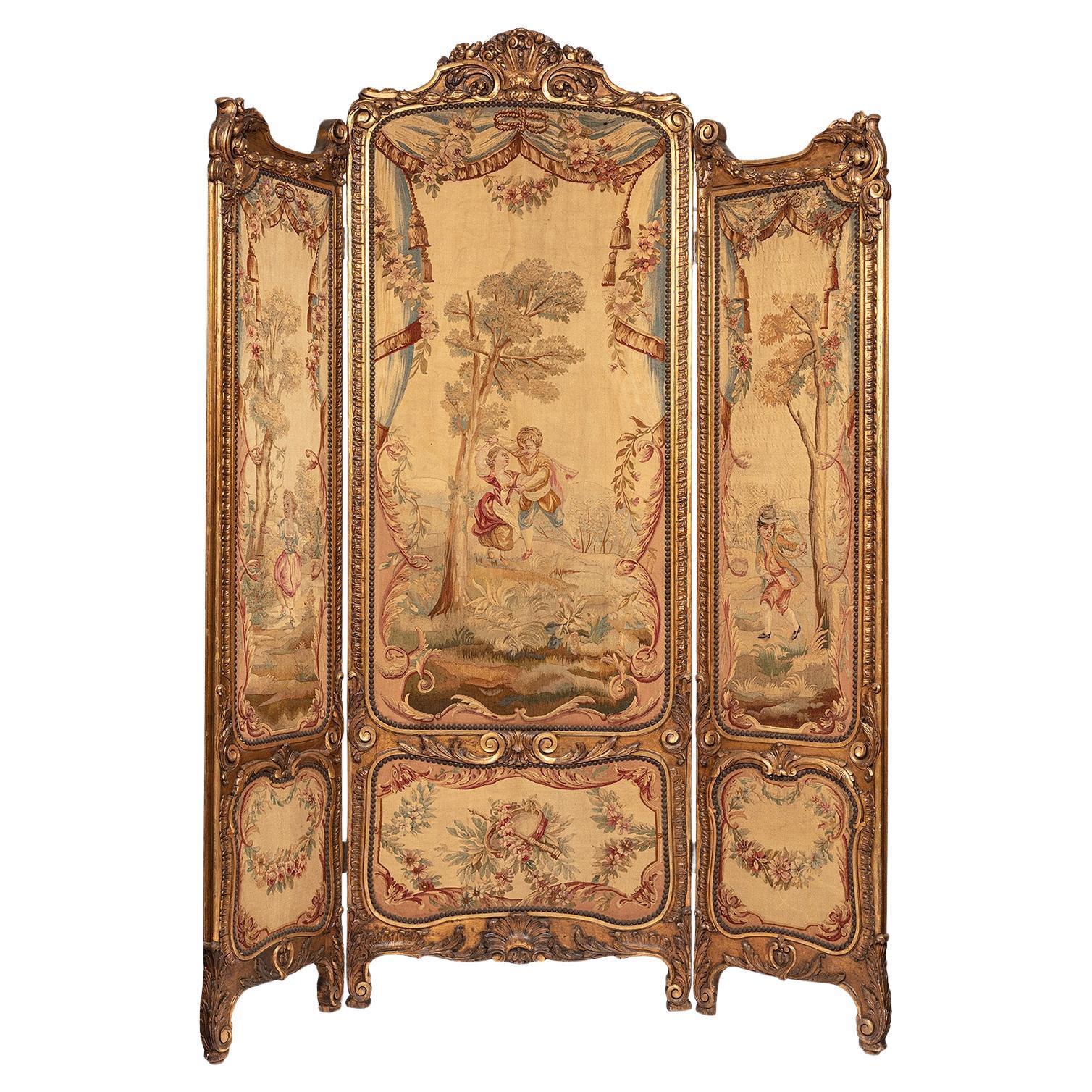 Execptional three leave panel screens giiltwood and tapestry