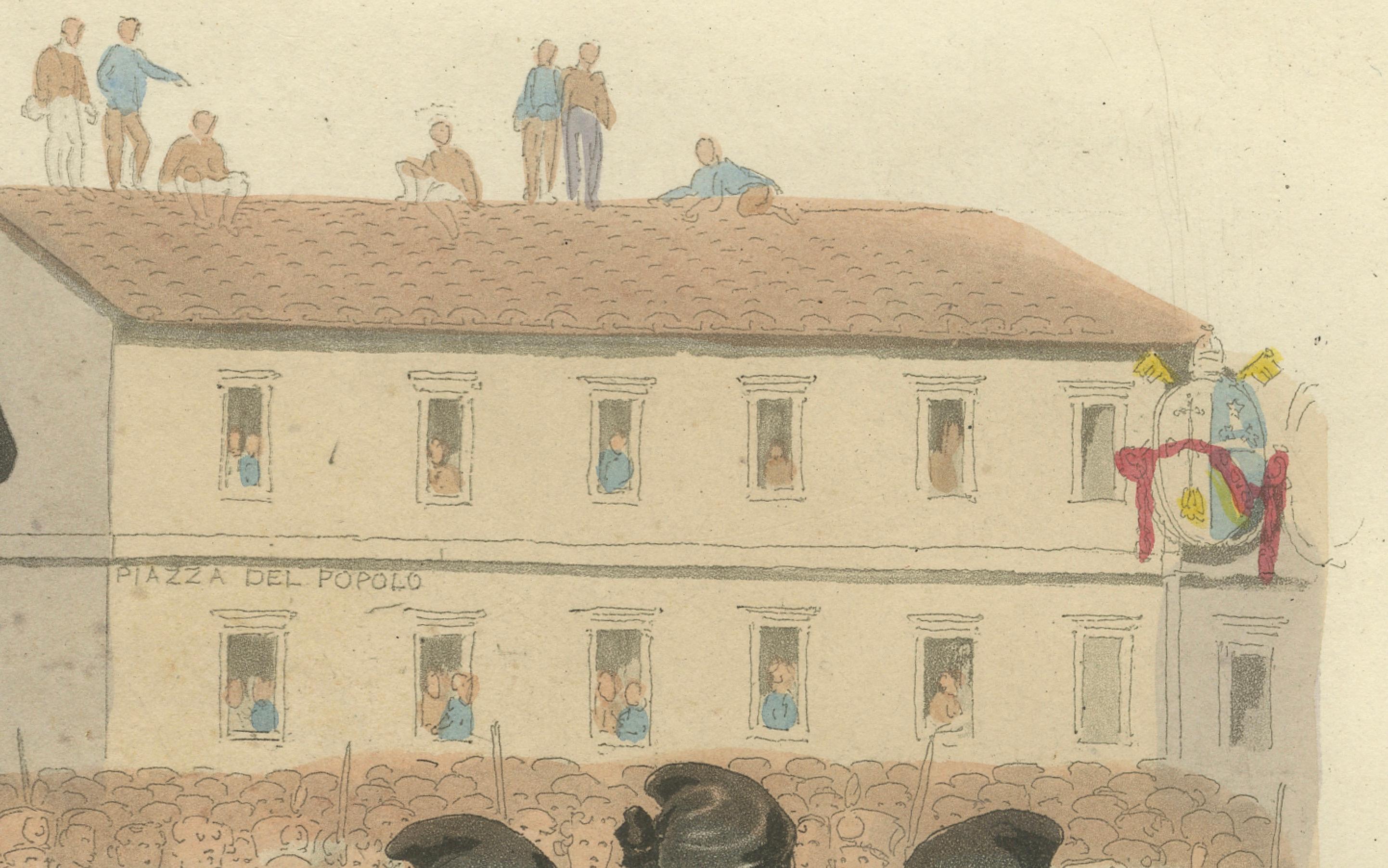 Titel:
Exekutionsdruck: Öffentliche Enthauptung wegen Mordes in Rom, handkoloriert, 1820er Jahre

Beschreibung:
Dieser seltene und eindringliche handkolorierte Stich mit dem Titel *Eine Hinrichtung in Rom wegen Mordes* bietet einen dramatischen und