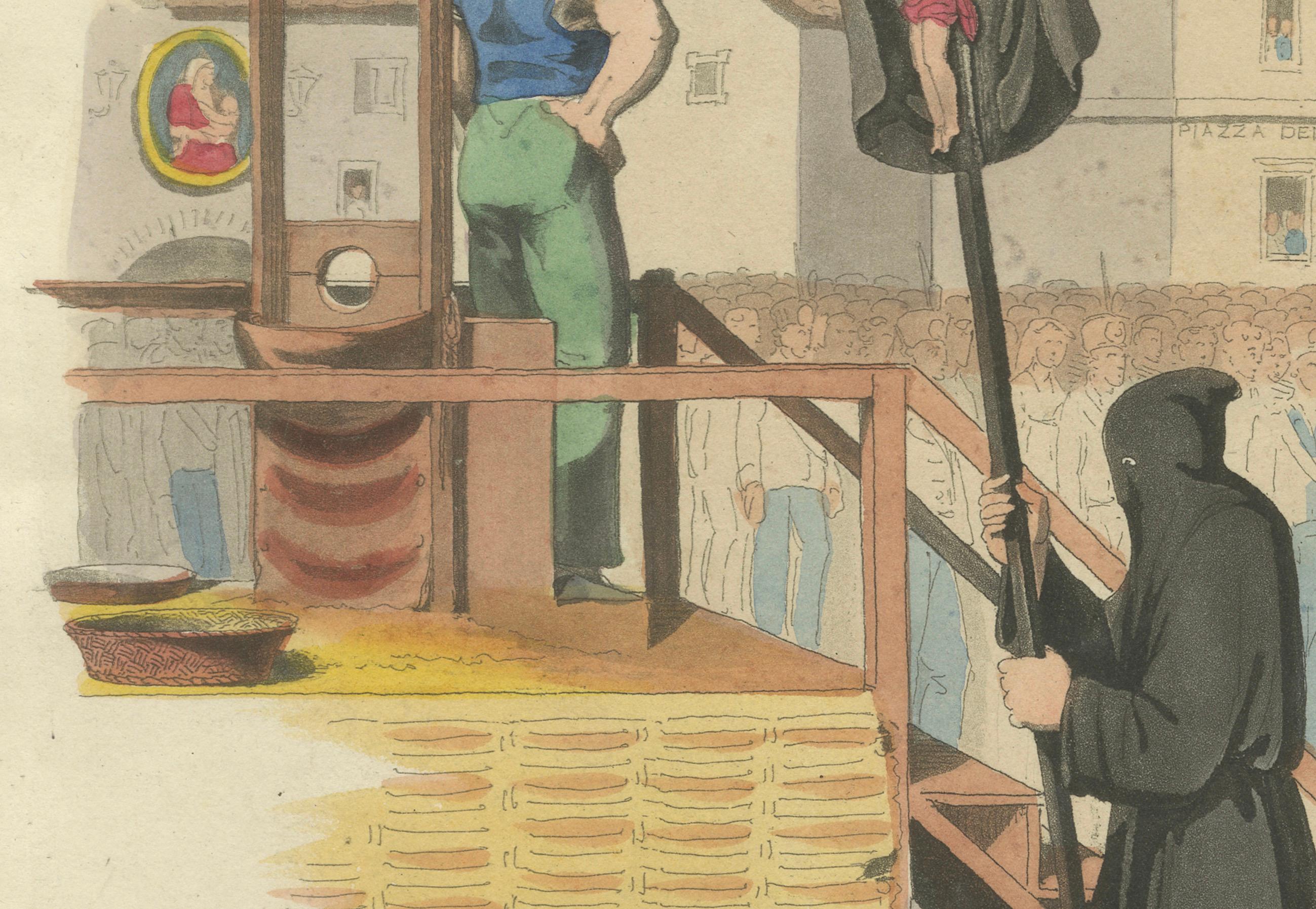 Exekutionsdruck: Öffentliche Enthauptung wegen Mordes in Rom, handkoloriert, 1820er Jahre im Zustand „Gut“ im Angebot in Langweer, NL