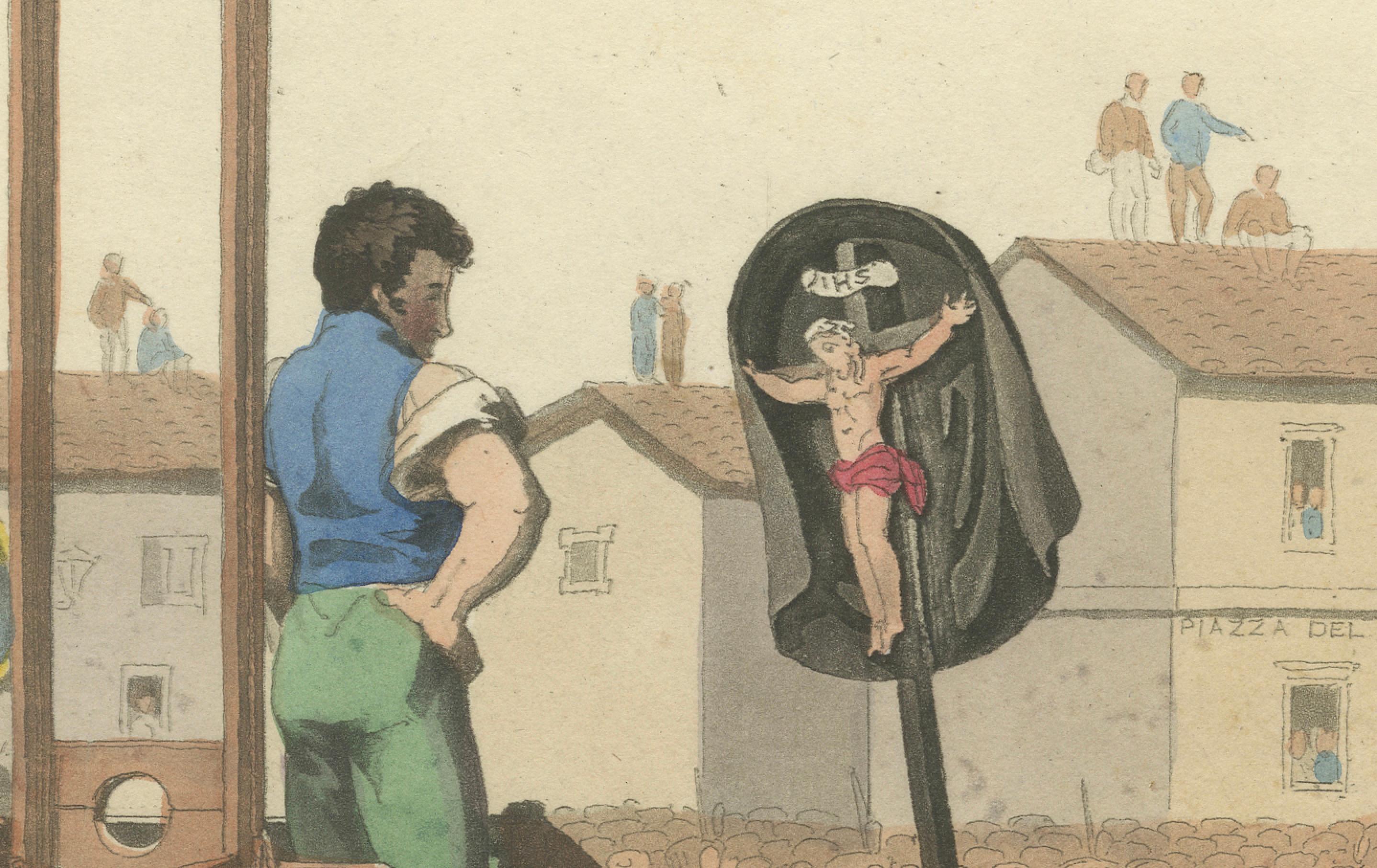 Exekutionsdruck: Öffentliche Enthauptung wegen Mordes in Rom, handkoloriert, 1820er Jahre (Frühes 19. Jahrhundert) im Angebot