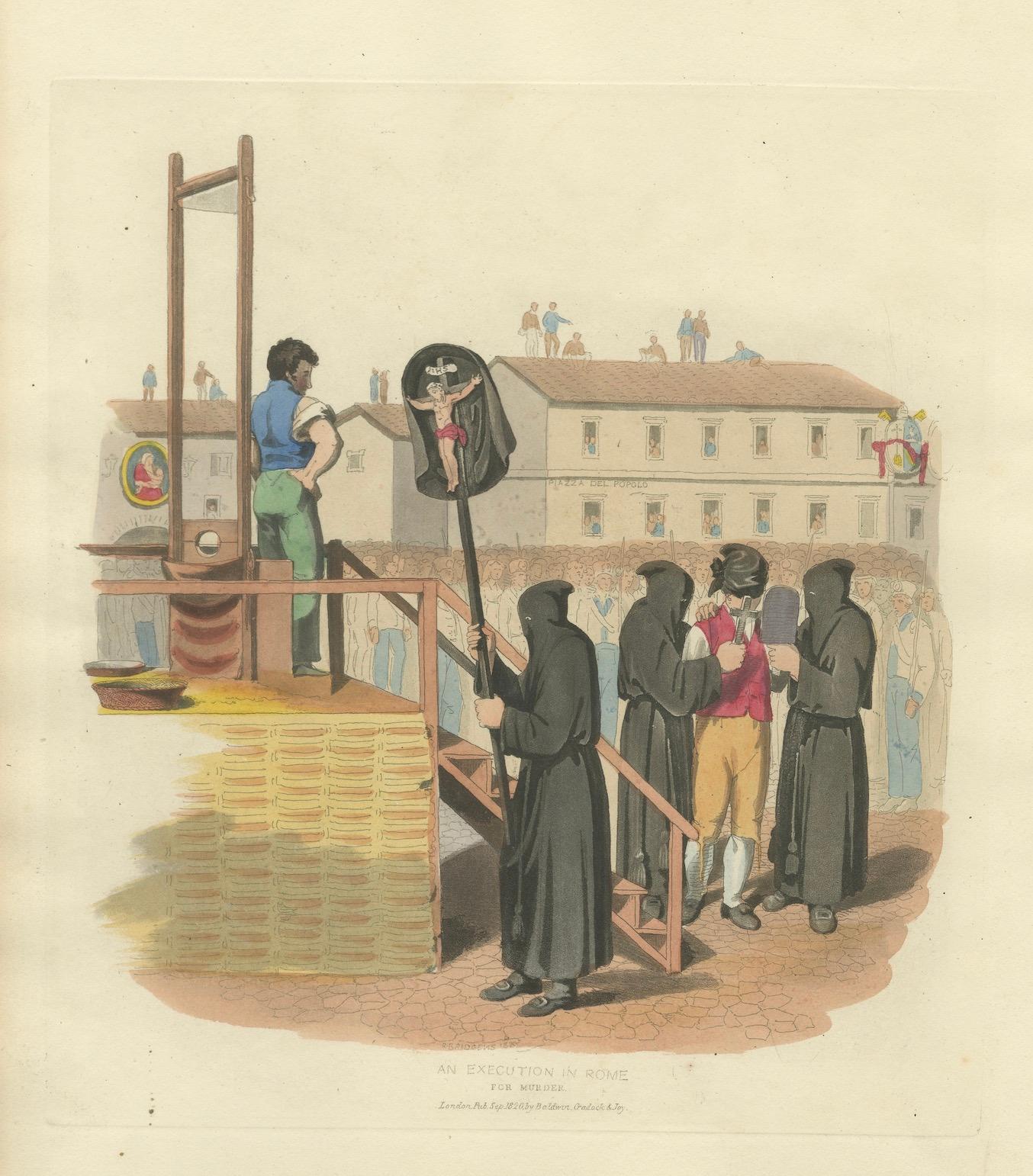 Exekutionsdruck: Öffentliche Enthauptung wegen Mordes in Rom, handkoloriert, 1820er Jahre im Angebot 1