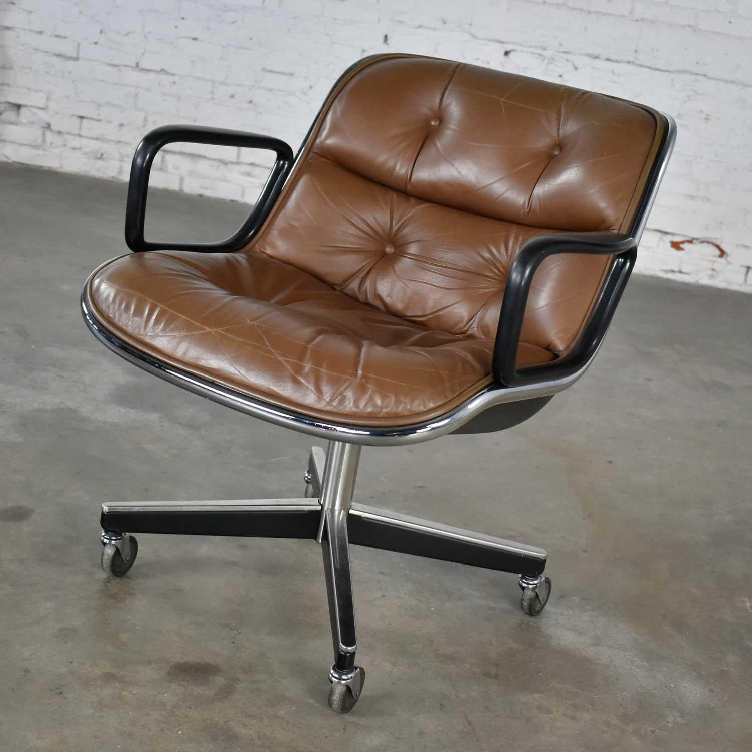 American Executive Armchair by Charles Pollock for Knoll Brown Leather with 4 Prong Base