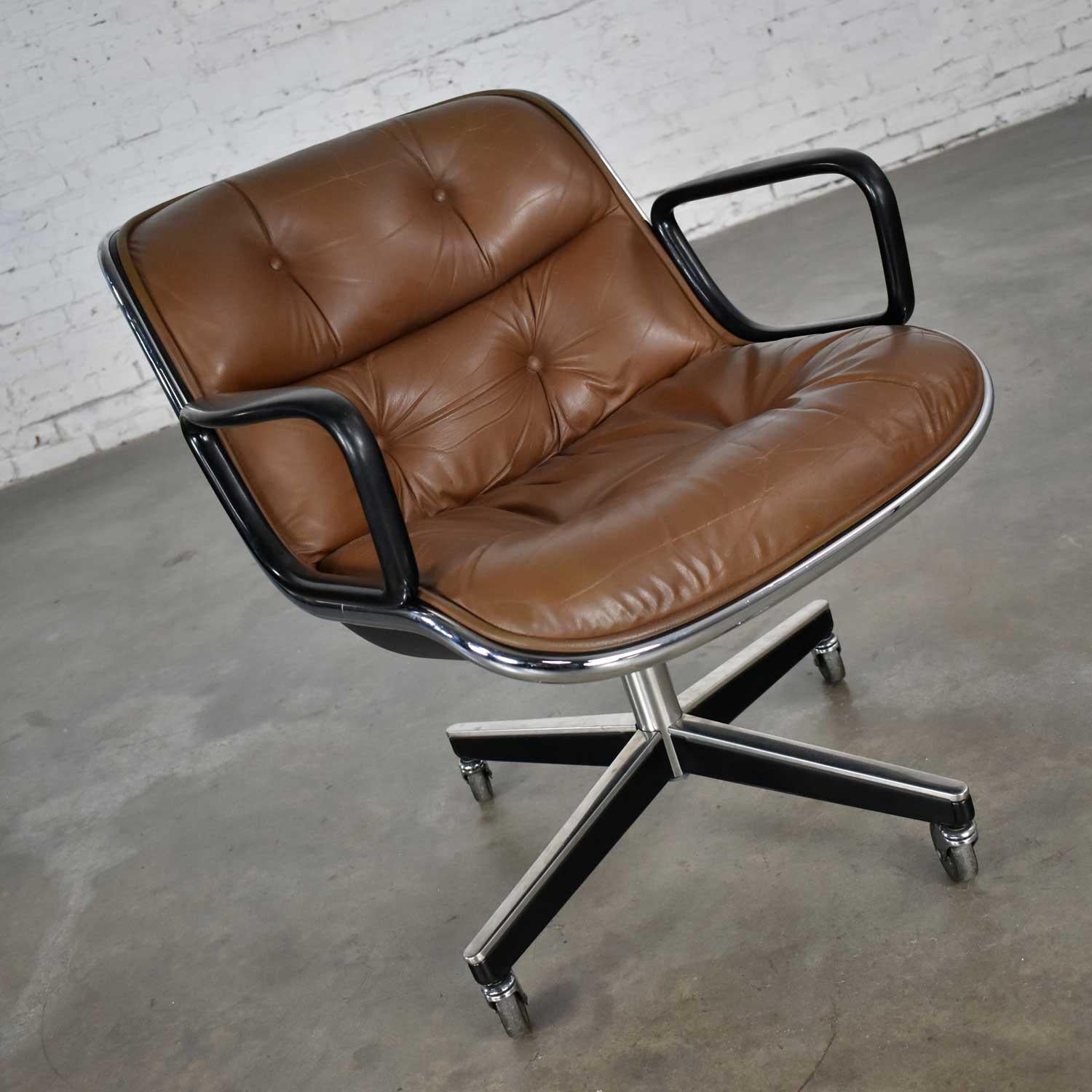 Executive Armchair by Charles Pollock for Knoll Brown Leather with 4 Prong Base In Good Condition In Topeka, KS