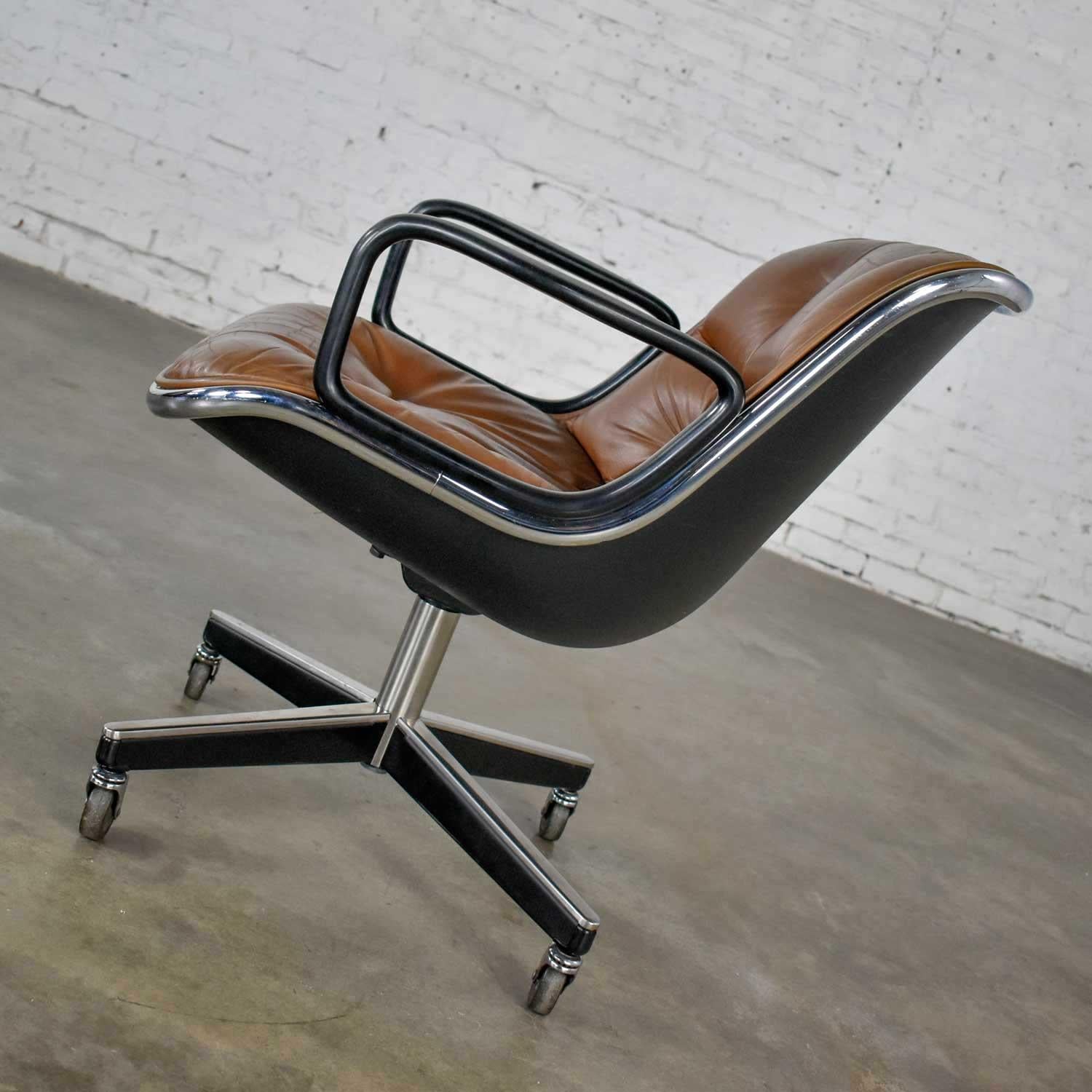 20th Century Executive Armchair by Charles Pollock for Knoll Brown Leather with 4 Prong Base
