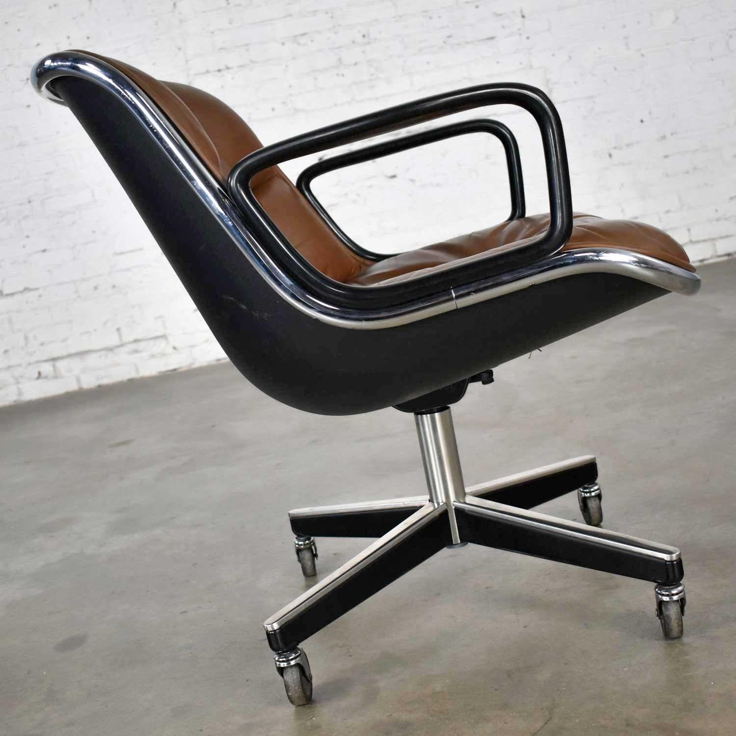 Aluminum Executive Armchair by Charles Pollock for Knoll Brown Leather with 4 Prong Base