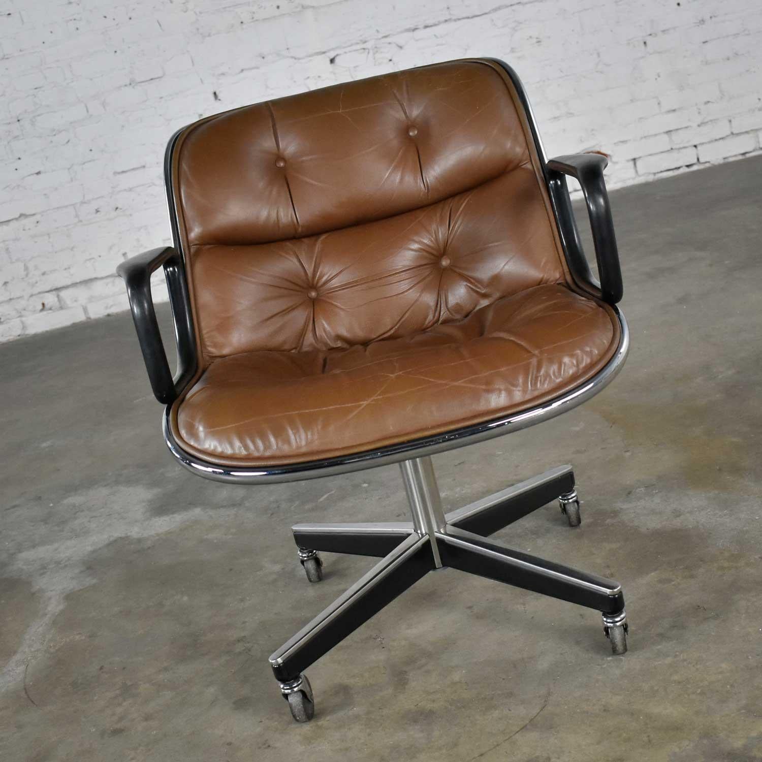 Executive Armchair by Charles Pollock for Knoll Brown Leather with 4 Prong Base 2