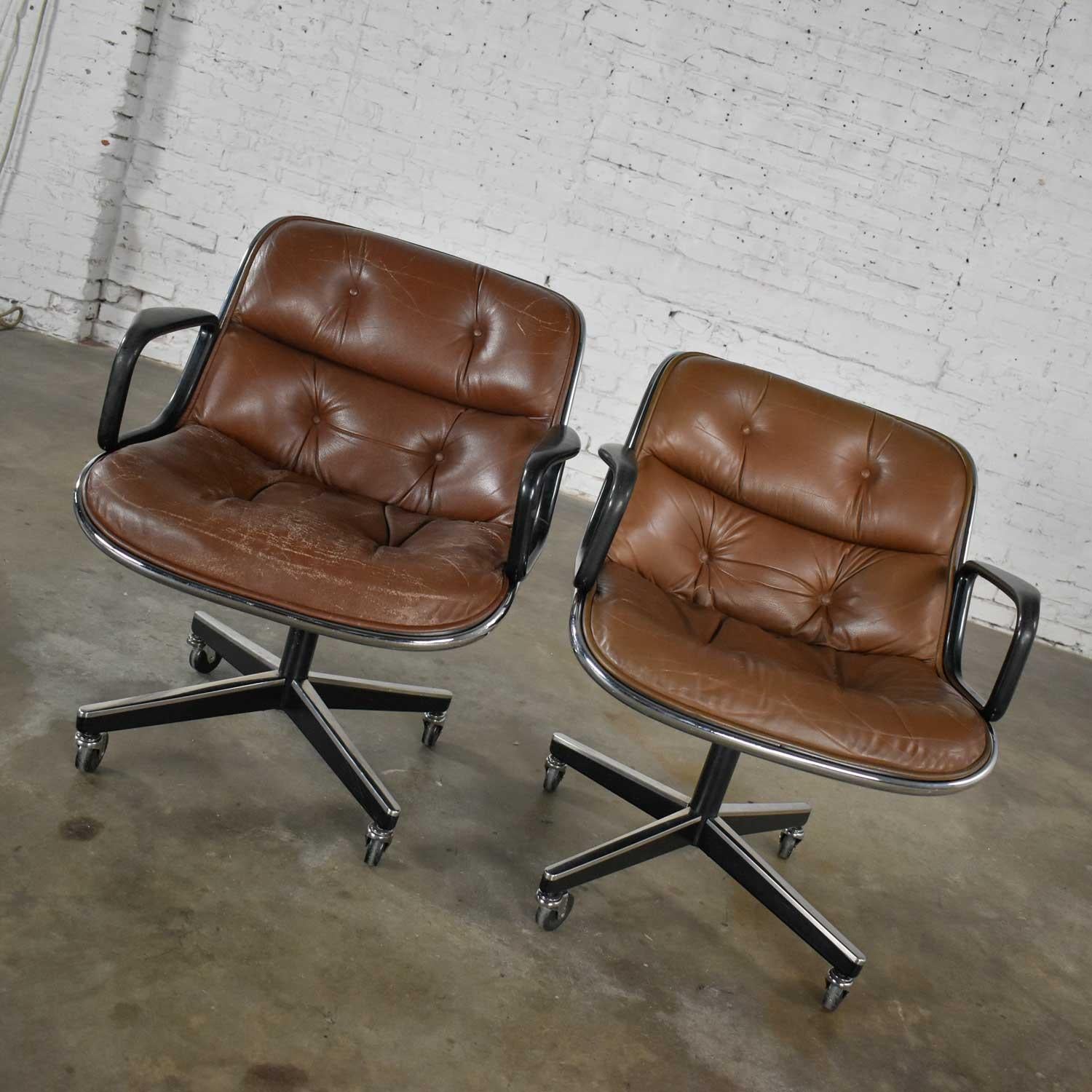 Executive Armchairs by Charles Pollock Knoll Brown Leather 4 Prong Bases a Pair 3