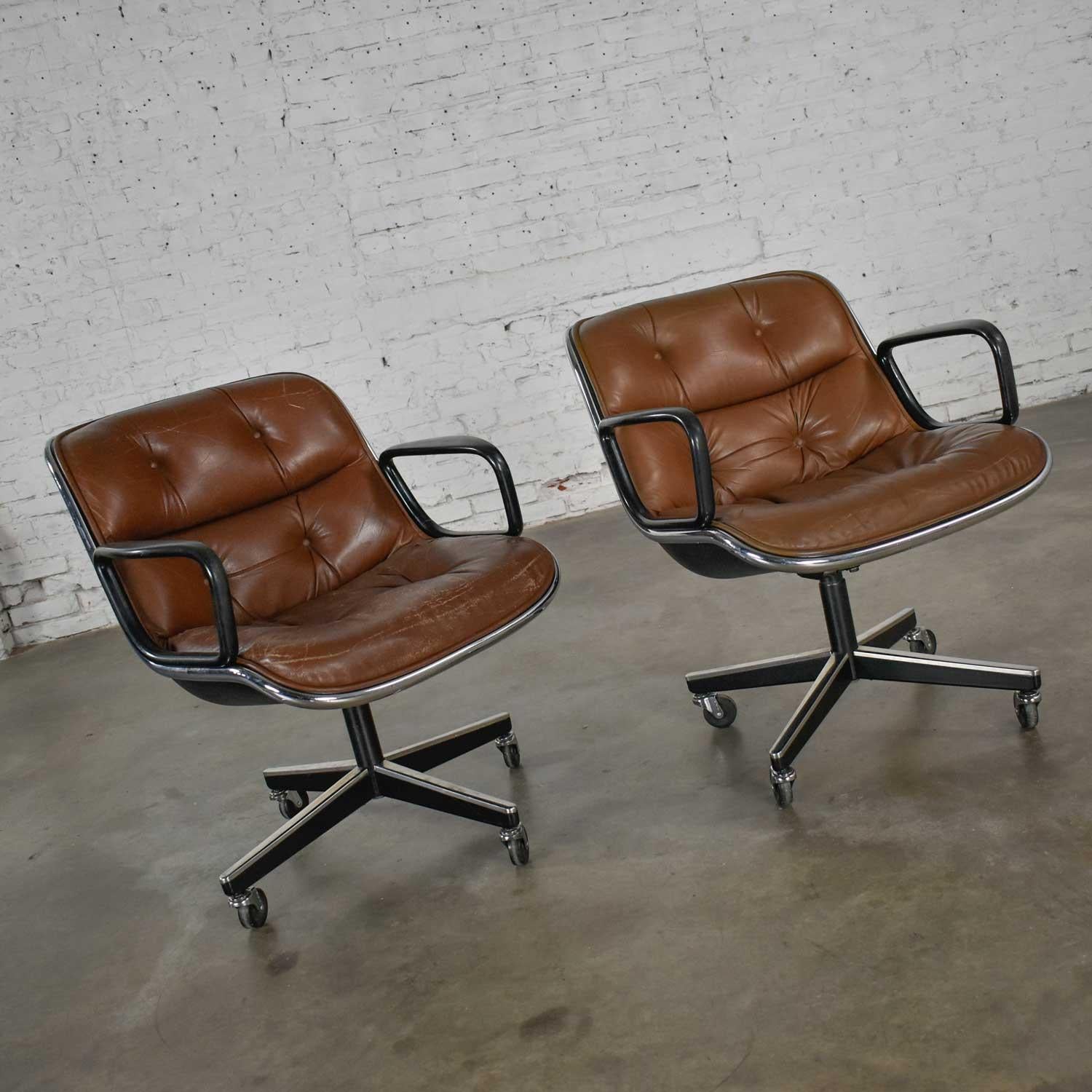 Mid-Century Modern Executive Armchairs by Charles Pollock Knoll Brown Leather 4 Prong Bases a Pair