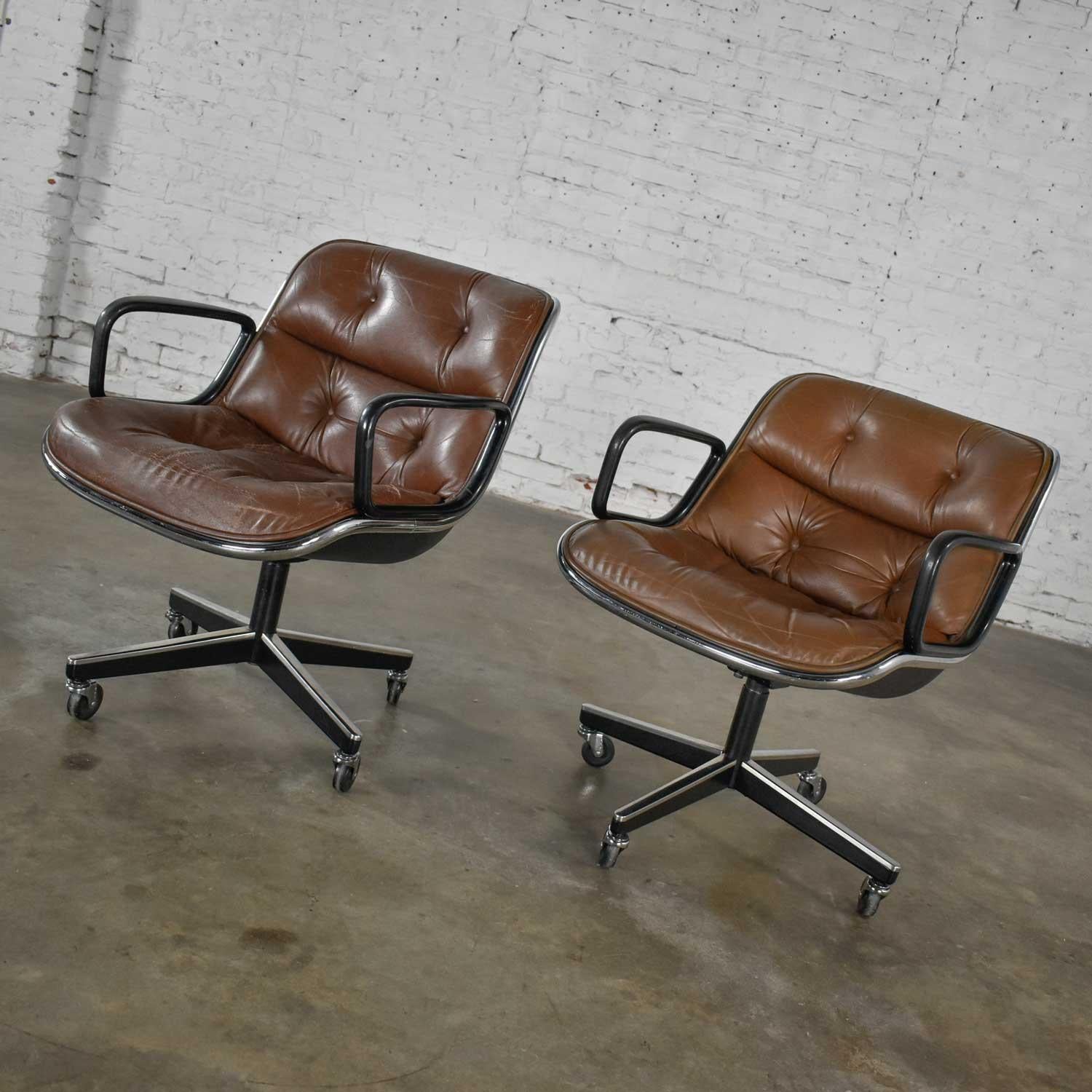 American Executive Armchairs by Charles Pollock Knoll Brown Leather 4 Prong Bases a Pair