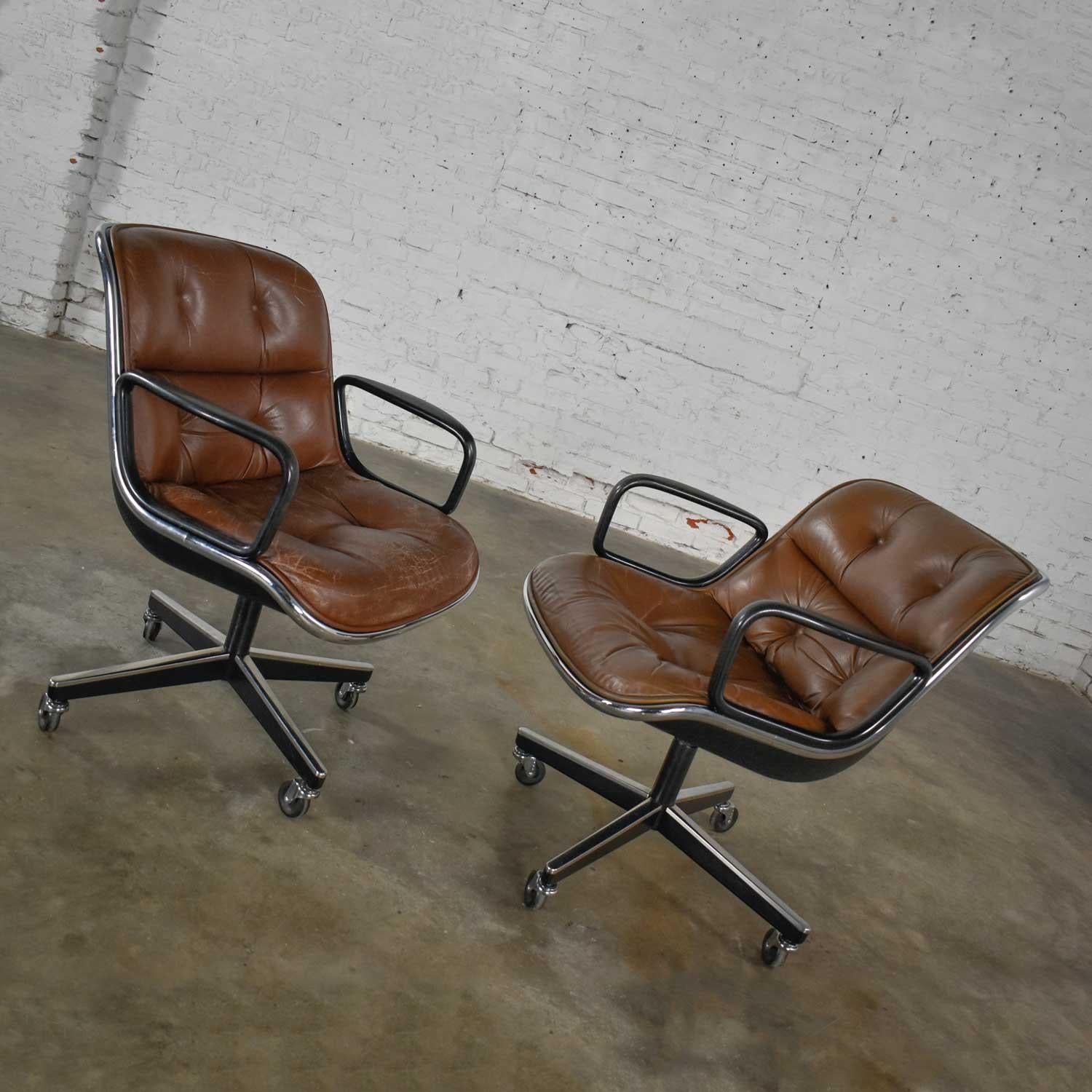Executive Armchairs by Charles Pollock Knoll Brown Leather 4 Prong Bases a Pair In Good Condition In Topeka, KS