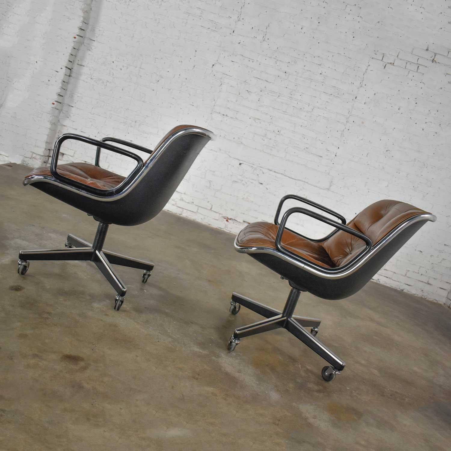 20th Century Executive Armchairs by Charles Pollock Knoll Brown Leather 4 Prong Bases a Pair