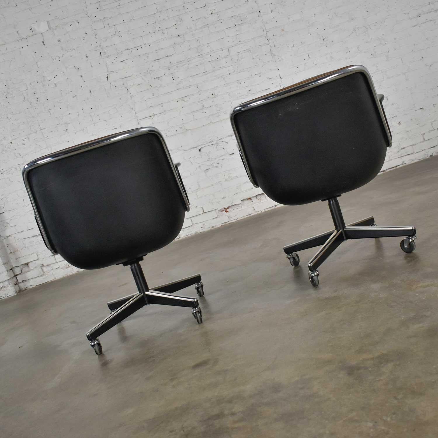 Plastic Executive Armchairs by Charles Pollock Knoll Brown Leather 4 Prong Bases a Pair