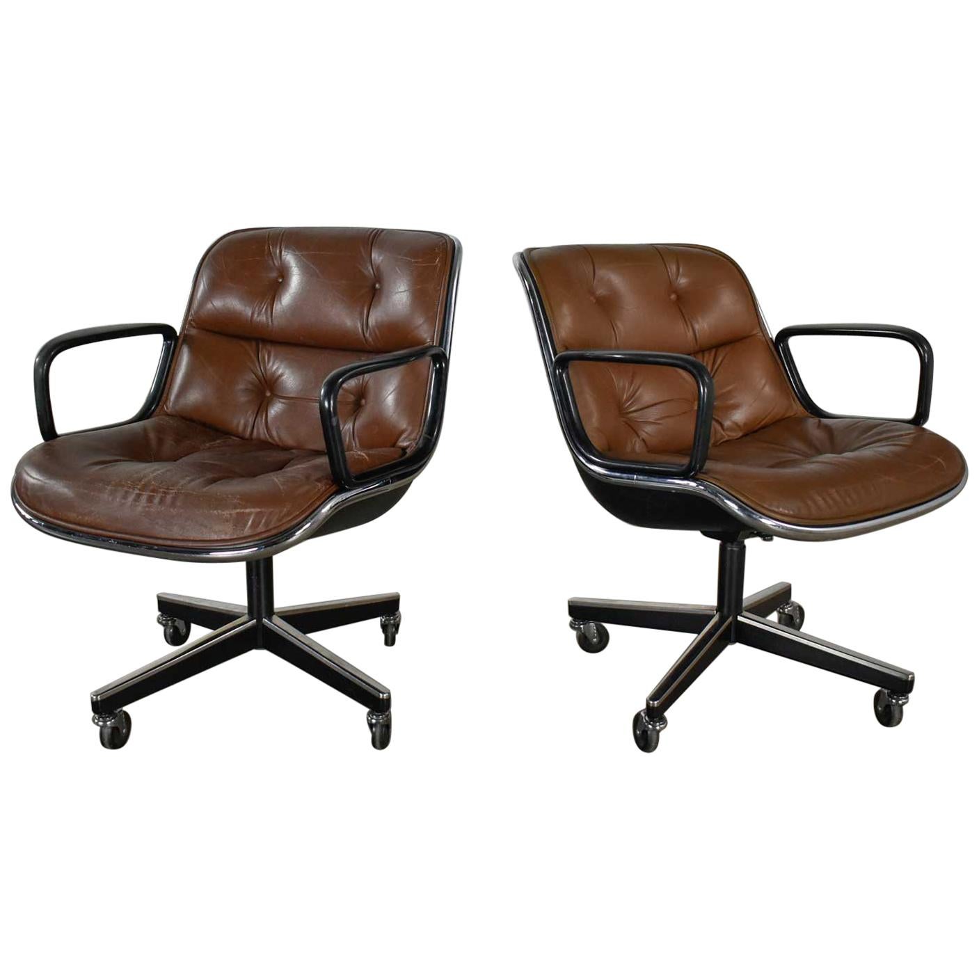 Executive Armchairs by Charles Pollock Knoll Brown Leather 4 Prong Bases a Pair