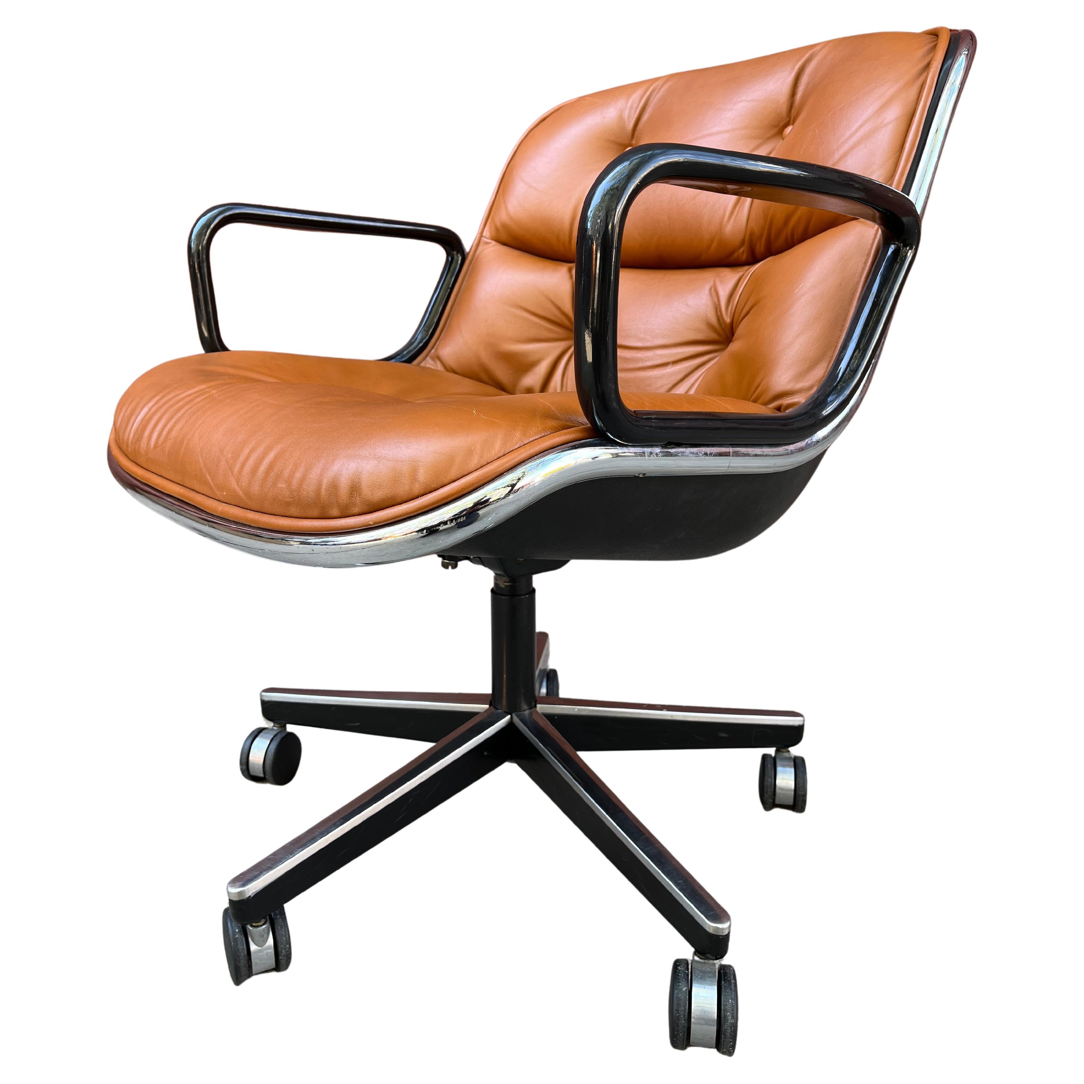 Charles Pollock for Knoll office desk chair featuring brown leather upholstery. When you think of the perfect Pollock chair this one probably comes to mind. This executive office chair is an icon of Mid-Century Modern design and has been in