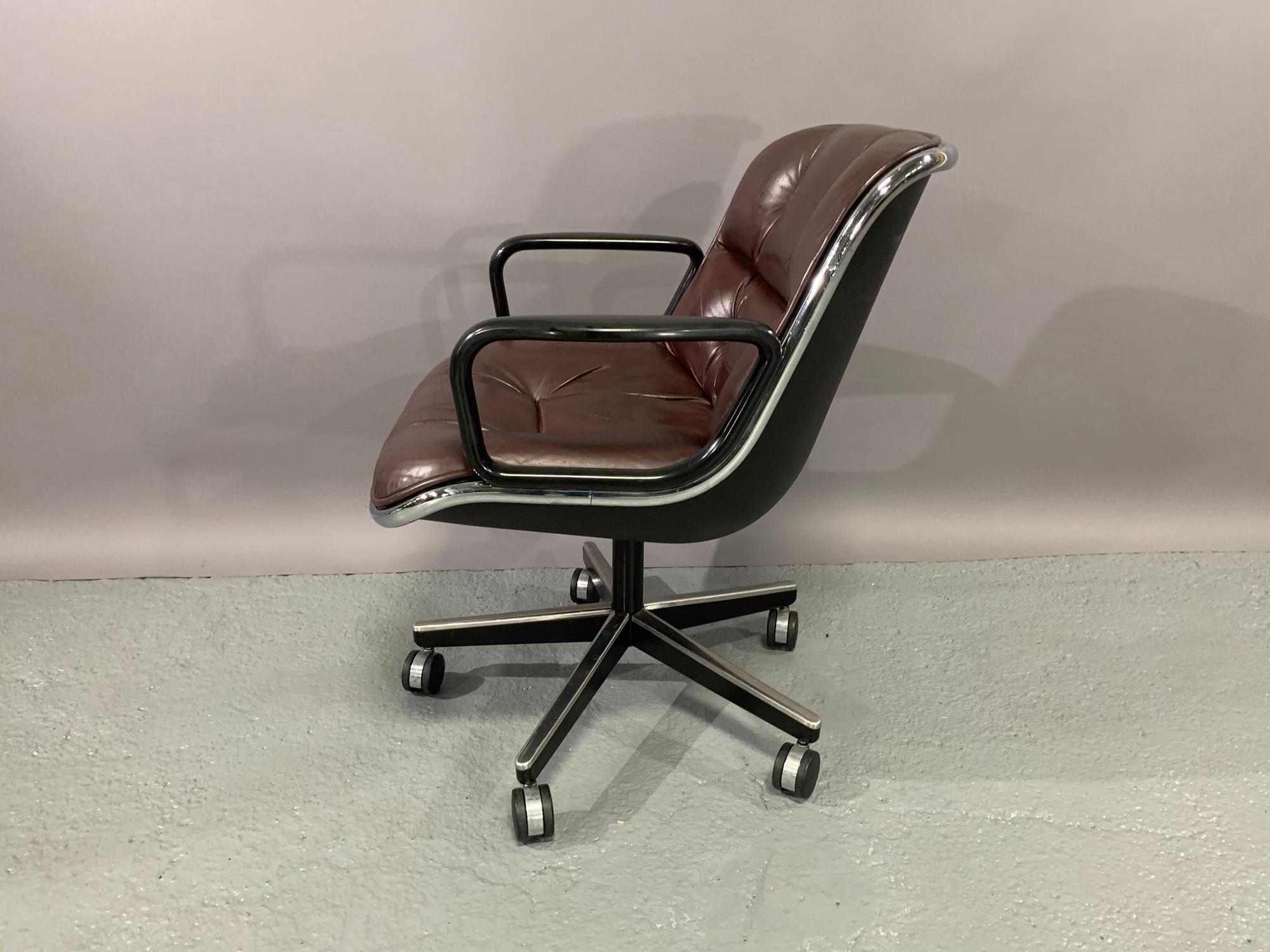 Executive chair designed by Charles Pollock in 1965 for Knoll international in cordovan leather. This comfortable chair, equally suited for the office, board room or the home, is considered one of Knoll’s most memorable designs. It features a chrome