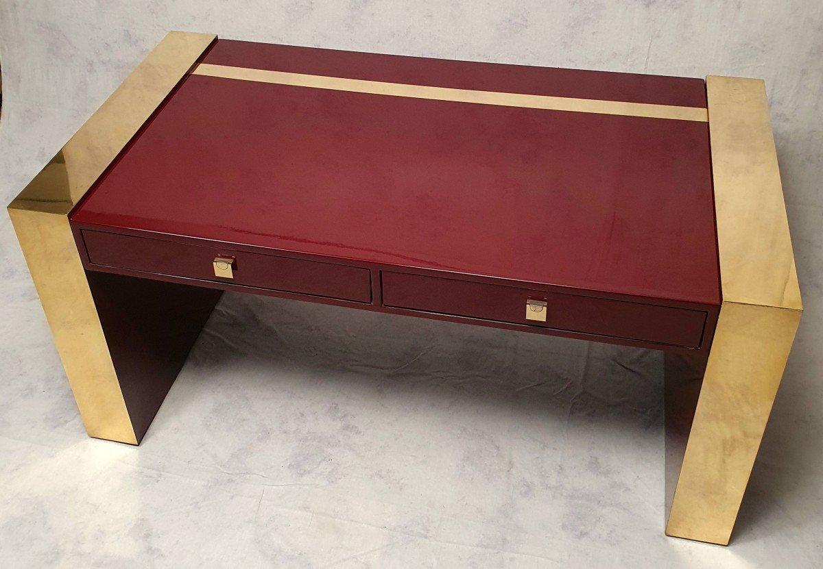 French Executive Desk by Jean Claude Mahey, Lacquered Wood & Brass, Ca 1970