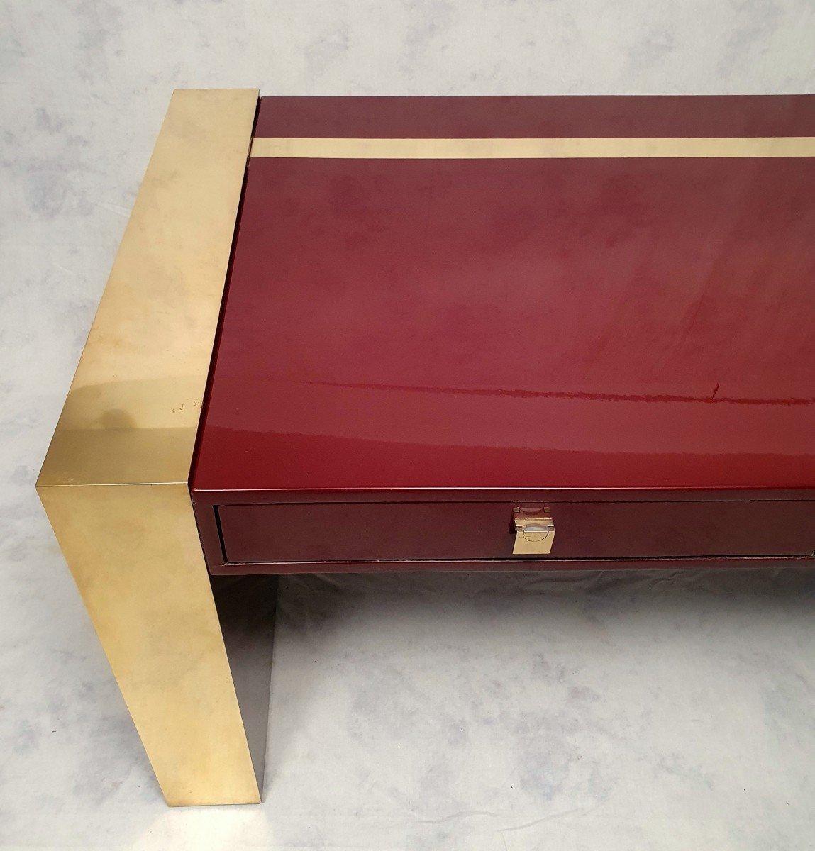 Late 20th Century Executive Desk by Jean Claude Mahey, Lacquered Wood & Brass, Ca 1970