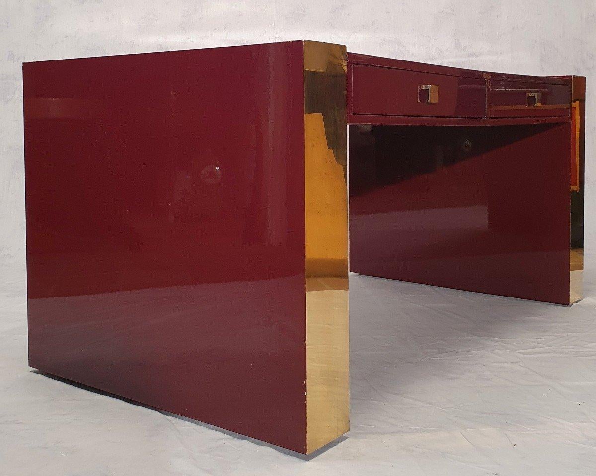 Executive Desk by Jean Claude Mahey, Lacquered Wood & Brass, Ca 1970 2