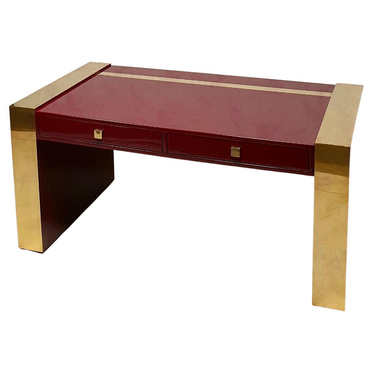Executive Desk by Jean Claude Mahey, Lacquered Wood & Brass, Ca 1970