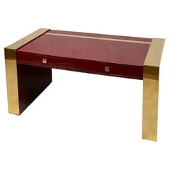 Executive Desk by Jean Claude Mahey, Lacquered Wood & Brass, Ca 1970