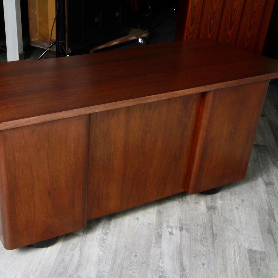 Cool old school desk by a great mid-century furniture maker Stow Davis. The solid brass handles on the drawers are unlike anything you've ever seen on any piece, let alone a desk. There are two shelves atop, left and right, along with one file