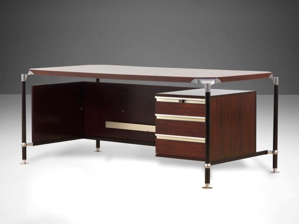 An executive desk designed by the Italian Designers Ico & Luisa Parisi for MIM Rome in 1962 . Structure made from lacquered steel with aluminium supports , there’re three floating drawers to the side with aluminium handles . The rear is a full size