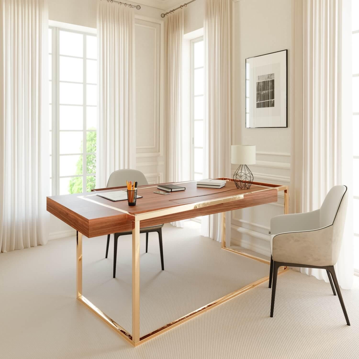 The Moderns Home Office Writing Executive Desk in Walnut Wood and Brushed Brass (Bureau d'écriture de direction moderne en bois de noyer et laiton brossé) en vente 6