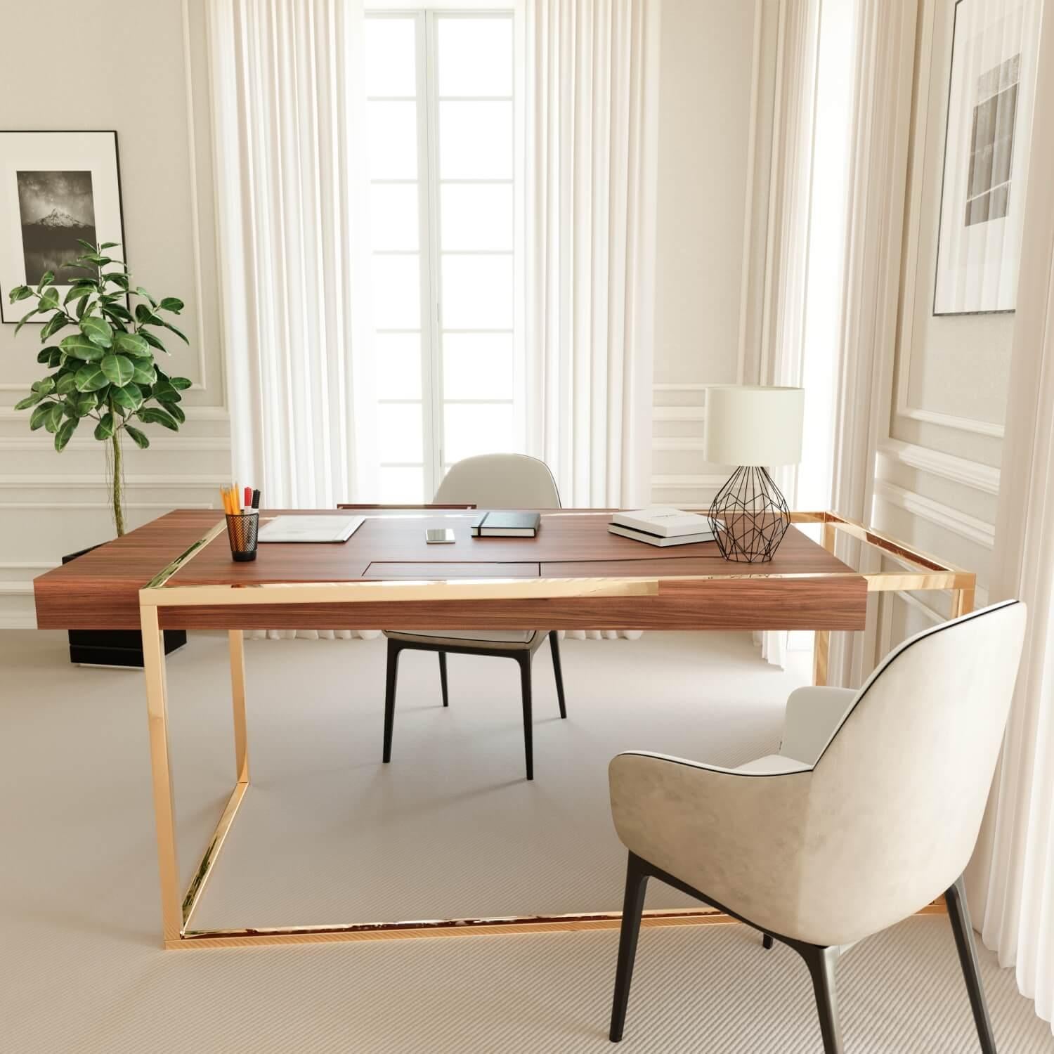 The Moderns Home Office Writing Executive Desk in Walnut Wood and Brushed Brass (Bureau d'écriture de direction moderne en bois de noyer et laiton brossé) en vente 7