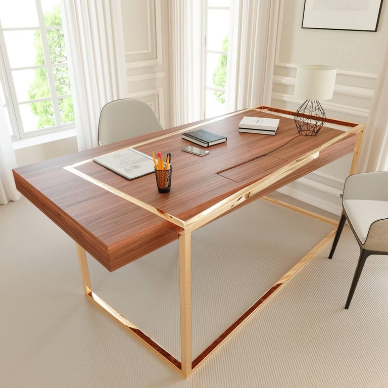 21st Century Modern Writing Executive Desk in Walnut Wood and Brushed Brass For Sale 9