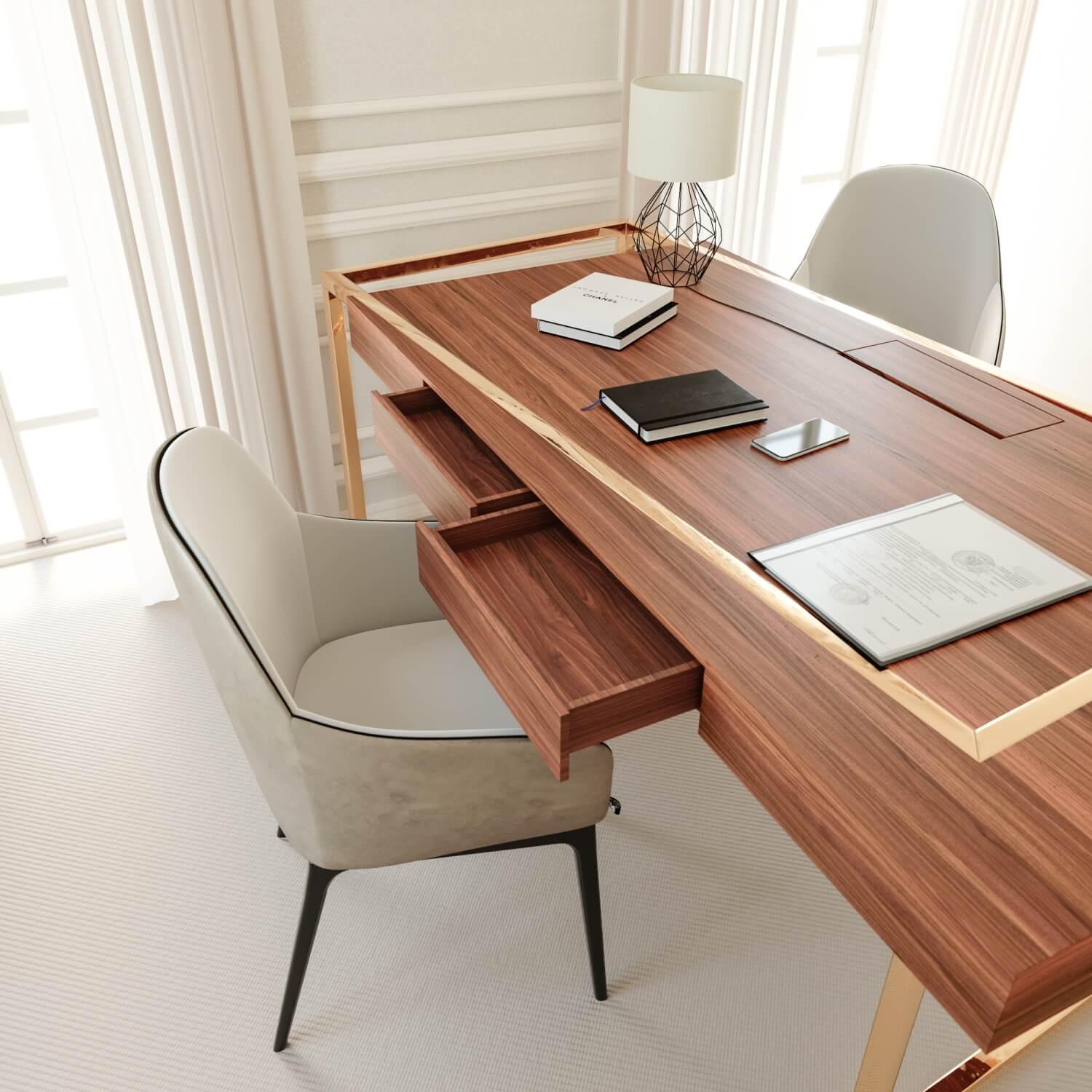 The Moderns Home Office Writing Executive Desk in Walnut Wood and Brushed Brass (Bureau d'écriture de direction moderne en bois de noyer et laiton brossé) en vente 9
