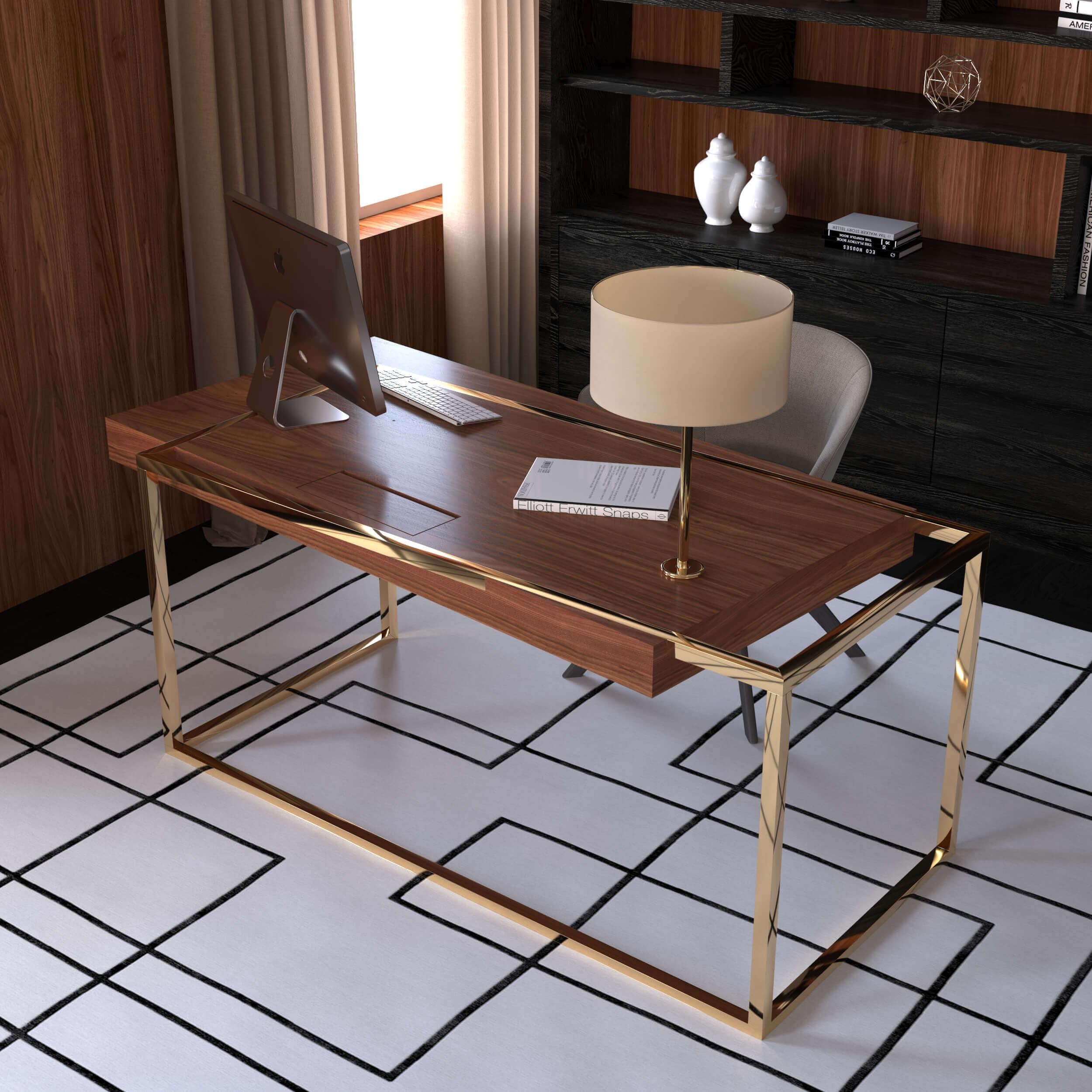 The Moderns Home Office Writing Executive Desk in Walnut Wood and Brushed Brass (Bureau d'écriture de direction moderne en bois de noyer et laiton brossé) en vente 11