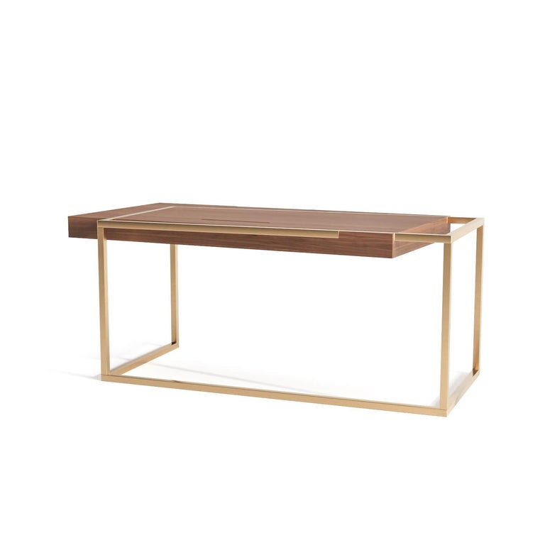 21st Century Modern Writing Executive Desk in Walnut Wood and Brushed Brass For Sale 5
