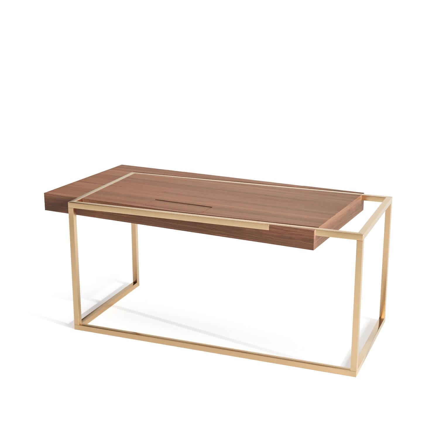 The Moderns Home Office Writing Executive Desk in Walnut Wood and Brushed Brass (Bureau d'écriture de direction moderne en bois de noyer et laiton brossé) en vente 5